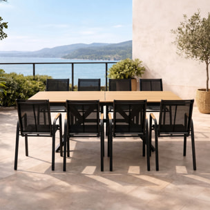 Ensemble de jardin table 190cm effet bois + 8 fauteuils SODRE