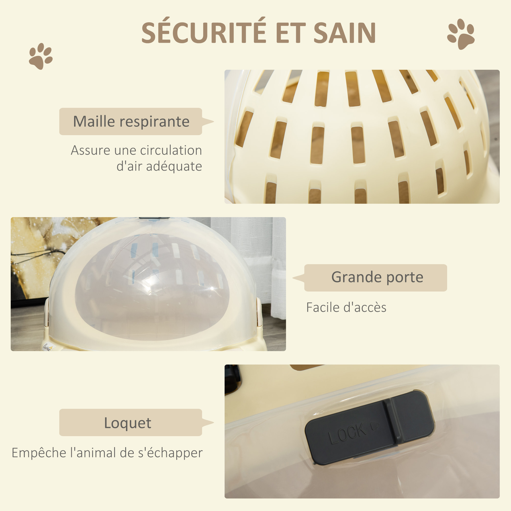 Maison chat - niche chat portable avec poignée - sac de transport chat verrouillable - coussin amovible inclus - dim. Ø 41 x 35,2H cm - PP beige