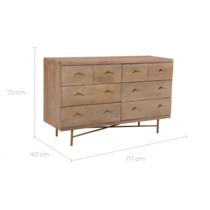 Commode 8 tiroirs en bois de manguier et pieds en métal doré - Bran