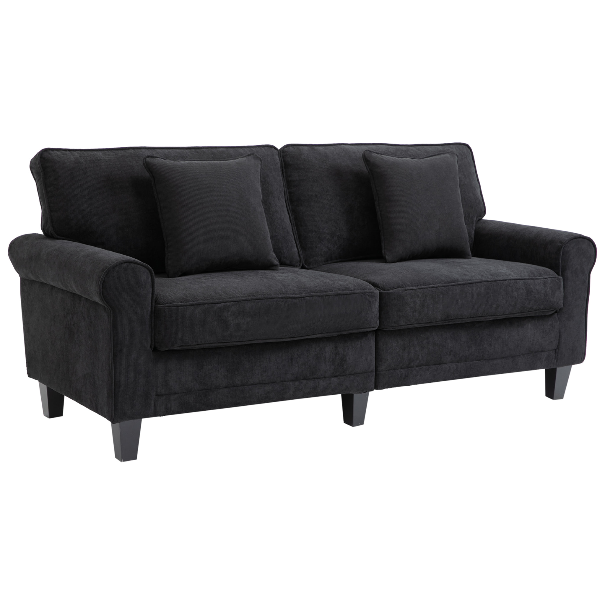 Canapé 3 places dim. 197L x 84P x 90H cm coussin déco. inclus pieds bois massif pin tissu aspect velours côtelé noir