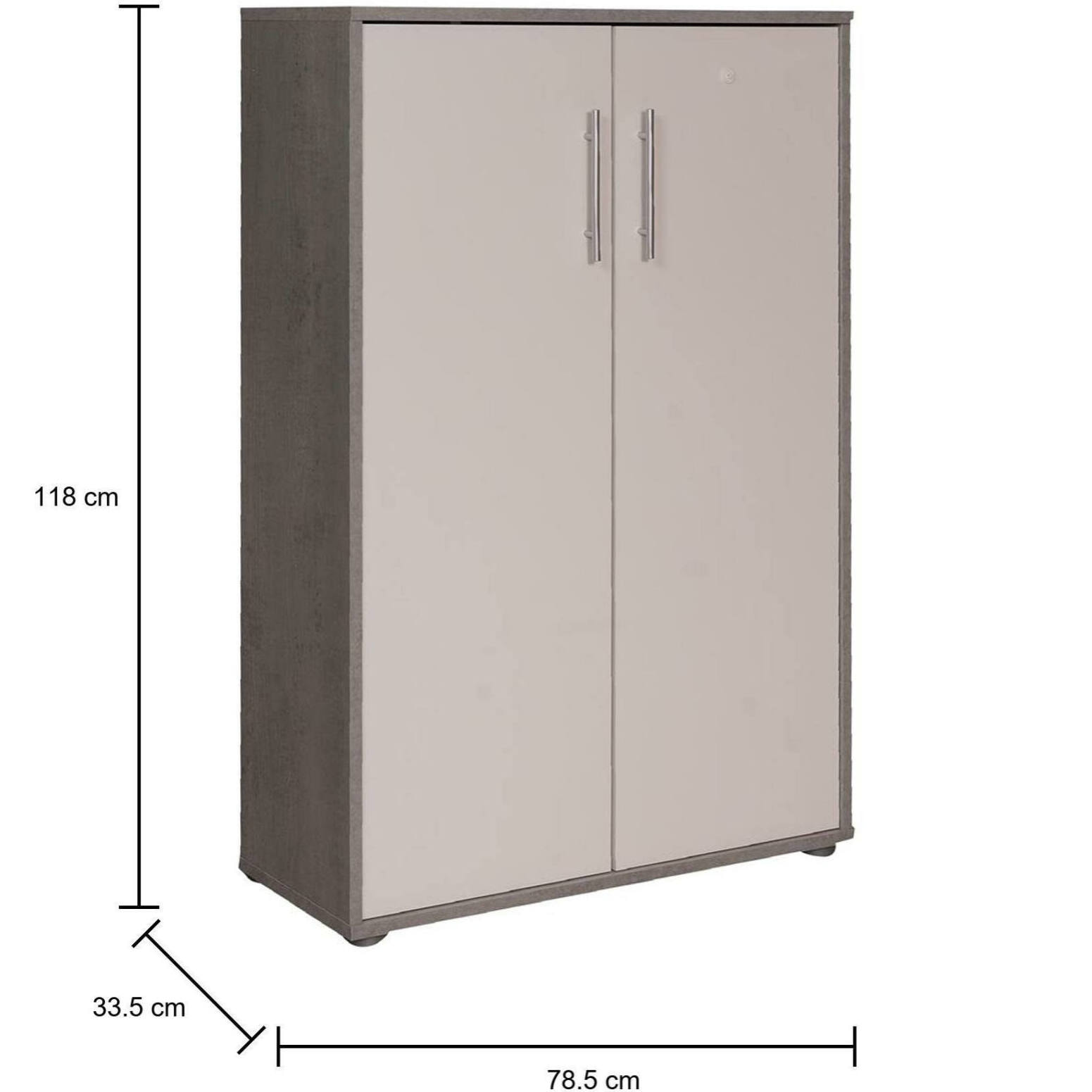 Libreria a 2 ante e 2 ripiani, Scaffale per libri e documenti, Credenza portaoggetti da ufficio, cm 79x34h188, colore Bianco e Cemento