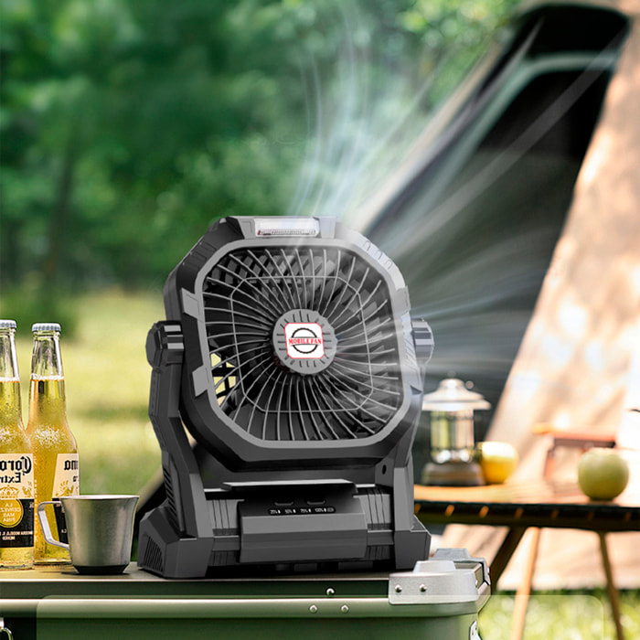 Ventilatore P50 con motore senza spazzole, LED con 8 luci, 4 velocità, 3 livelli di luce. Angolo regolabile di 180º, gancio per appendere e powerbank di 7800 mAh.