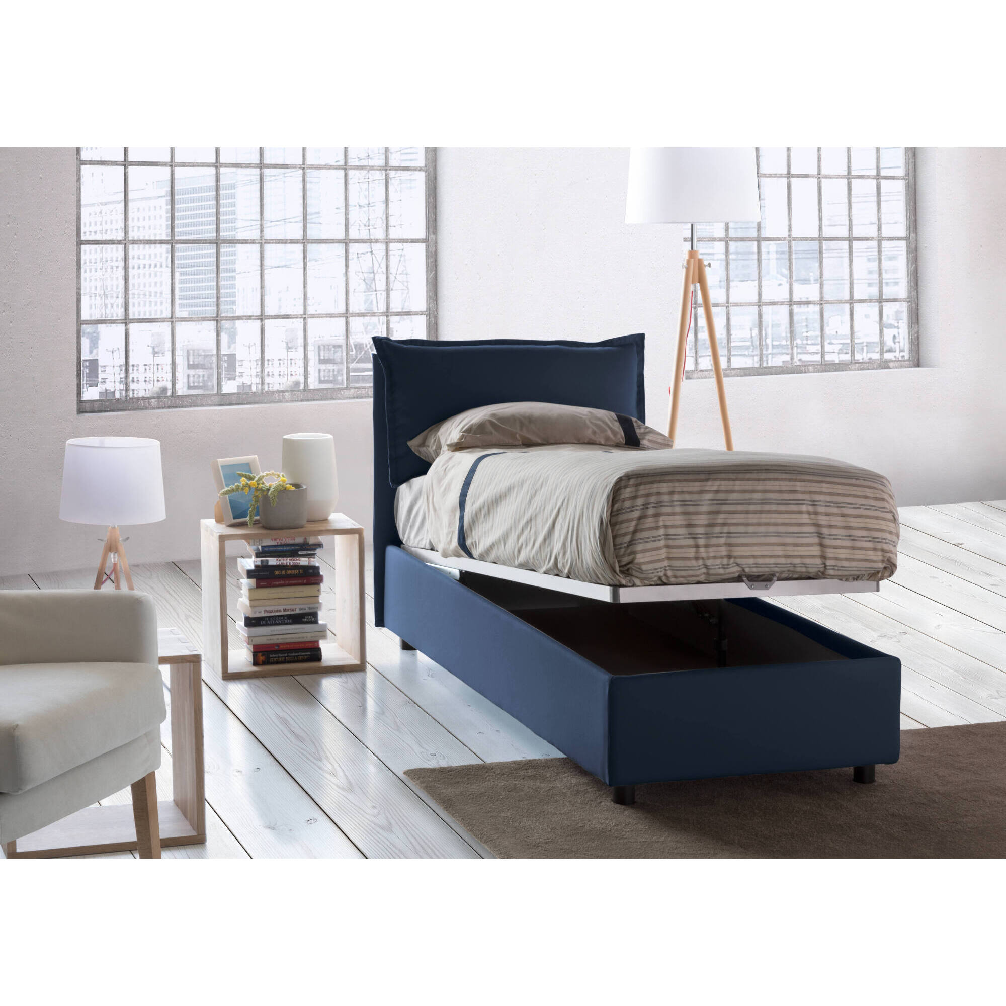 Letto singolo Carolina, Letto contenitore con rivestimento in tessuto, 100% Made in Italy, Apertura frontale, con materasso Cm 80x190 incluso, Blu