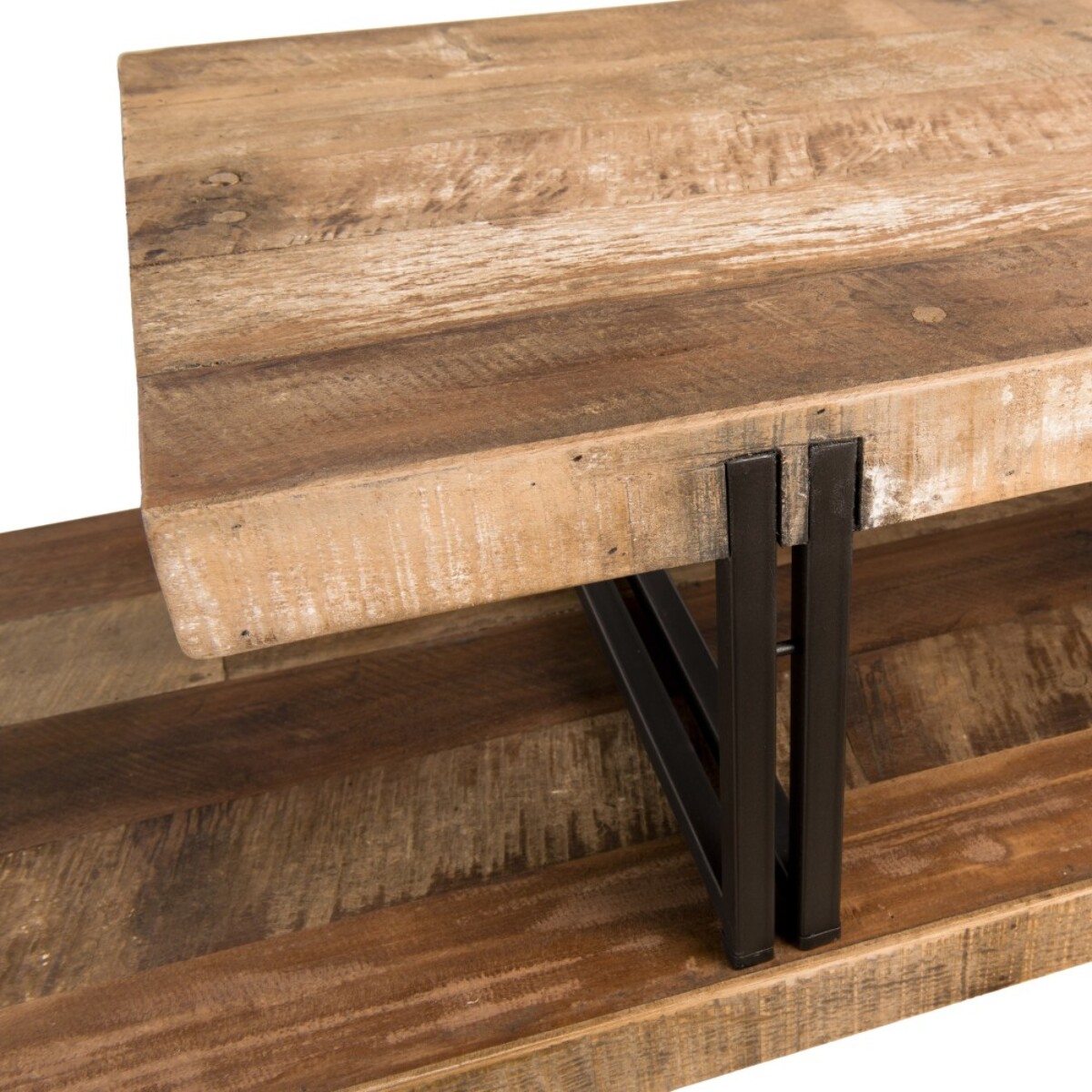 SIXTINE - Meuble TV marron 2 niveaux bois Teck recyclé et métal noir