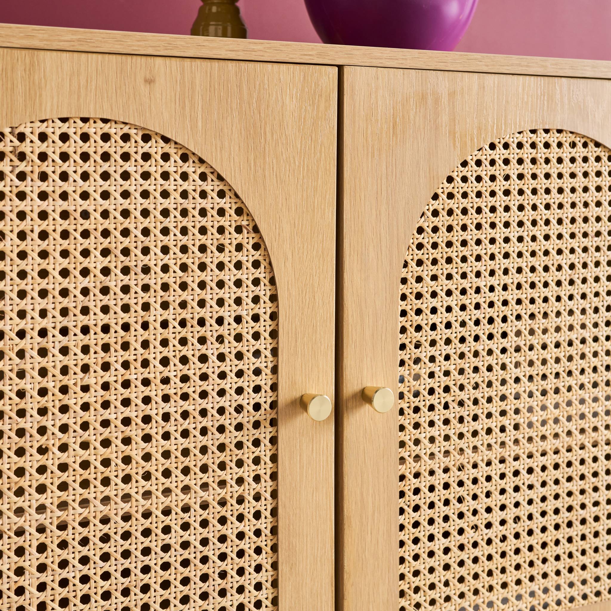 Buffet décor bois et cannage 3 portes teinte naturelle 120 x 40 x 75 cm - Judith