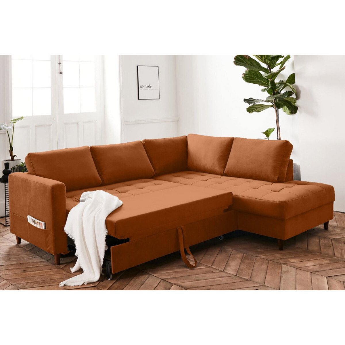 Anna - canapé d'angle droit - 5 places - convertible - en velours - Rouille