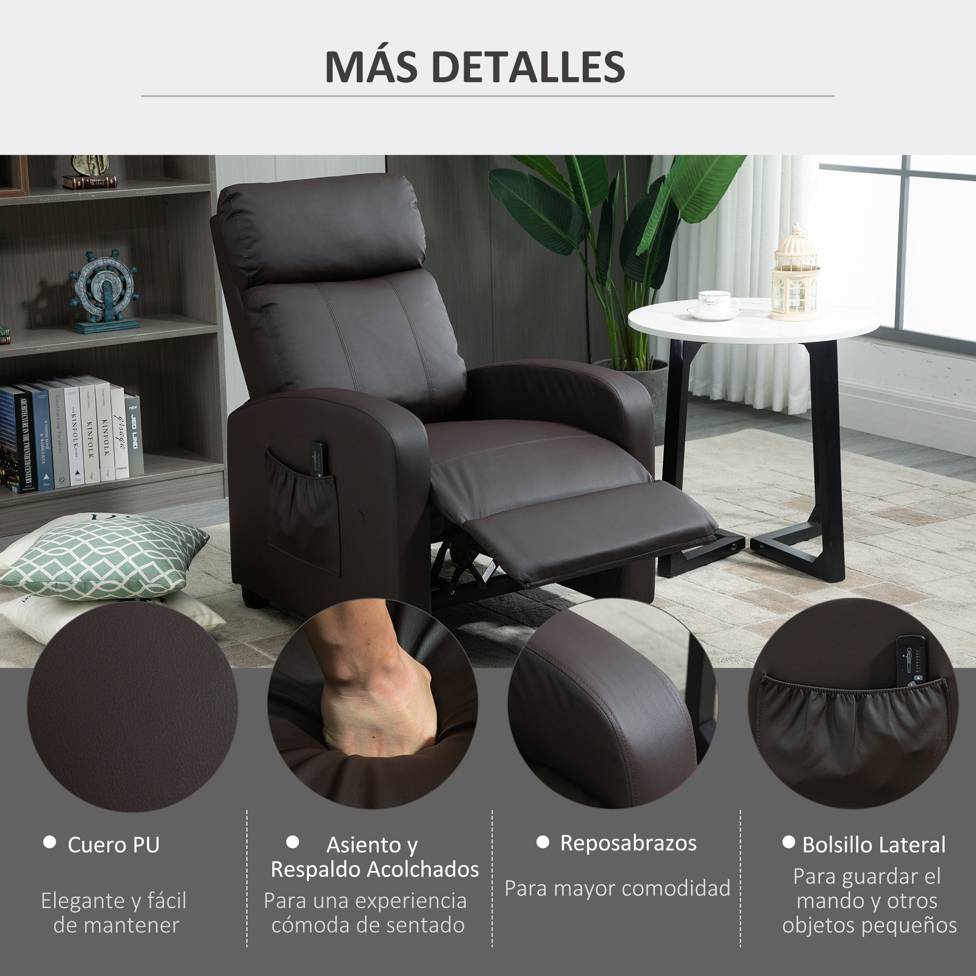 Sillón de Masaje Relax Reclinable con Mando a Distancia 2 Zonas de Masaje 8 Programas 5 Niveles de Intensidad y Temporizador Tapizado en PU 68x88x98 cm Marrón