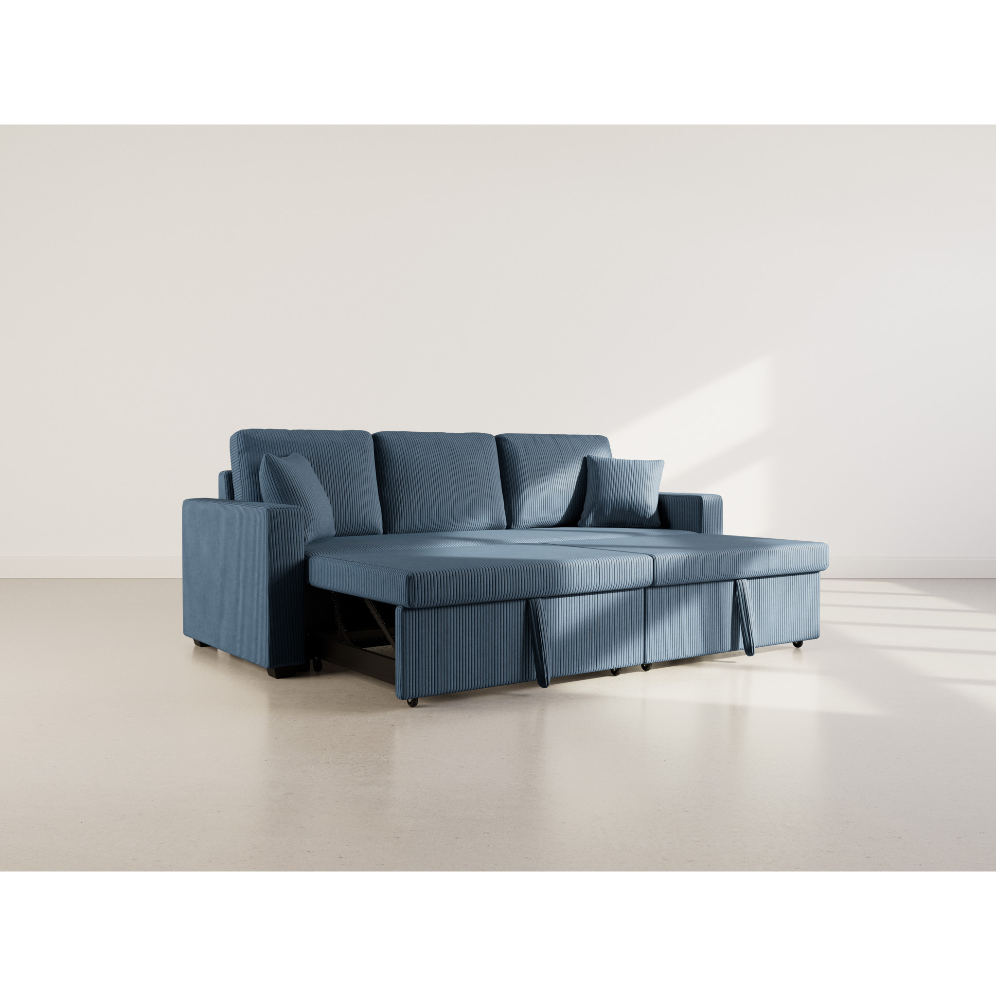 Cyrus - Canapé droit 3 places convertible en velours côtelé - Bleu