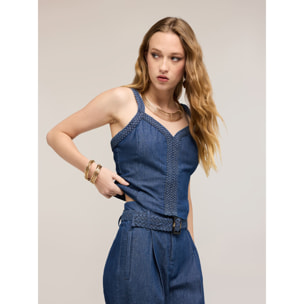 Motivi - Top de denim con tirantes entrelazados - Azul