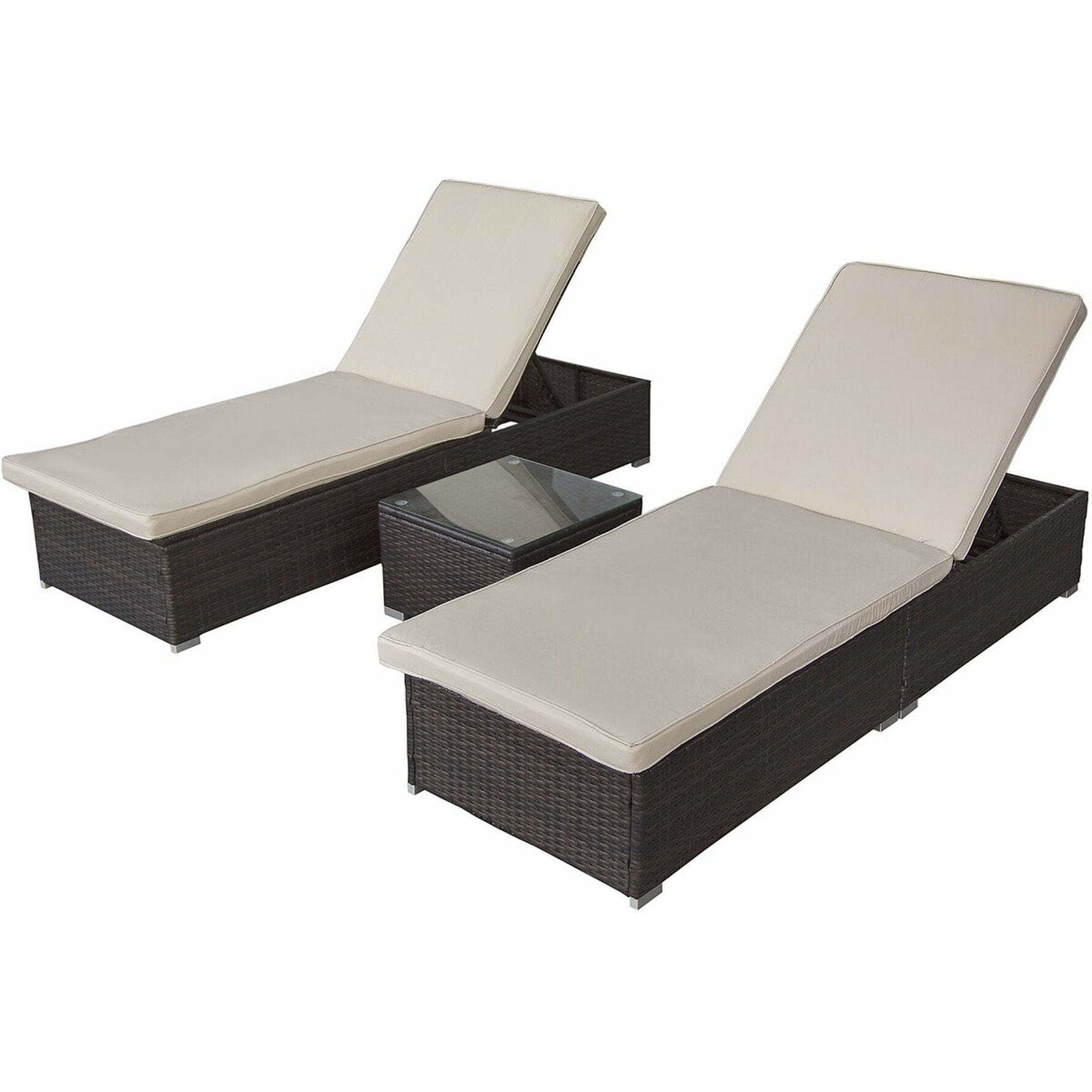 Lot de 2 bains de soleil en résine tressée avec coussins et table basse "Alice" - Marron