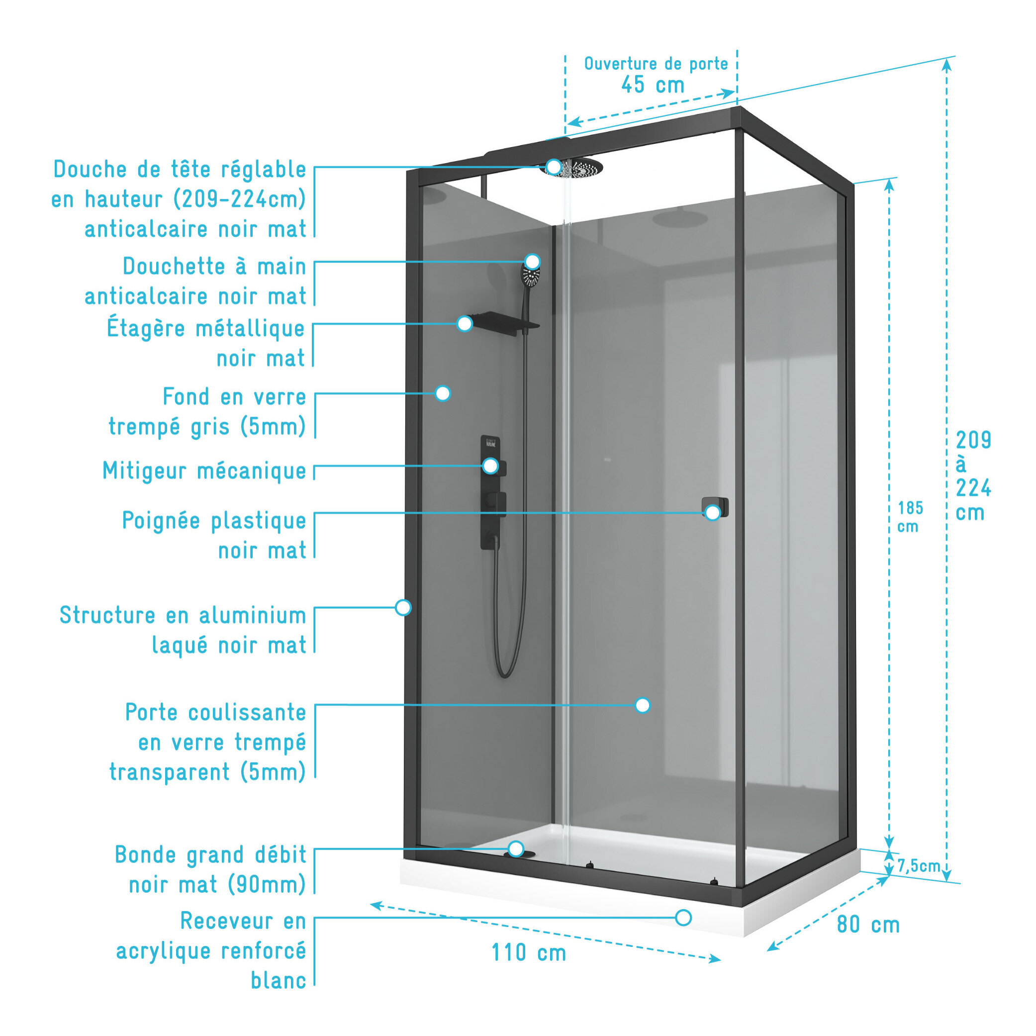Cabine de douche rectangle 110x80x209 cm - Receveur bas - Fonds Gris Profilés Noir Mat - FOGGY LOW