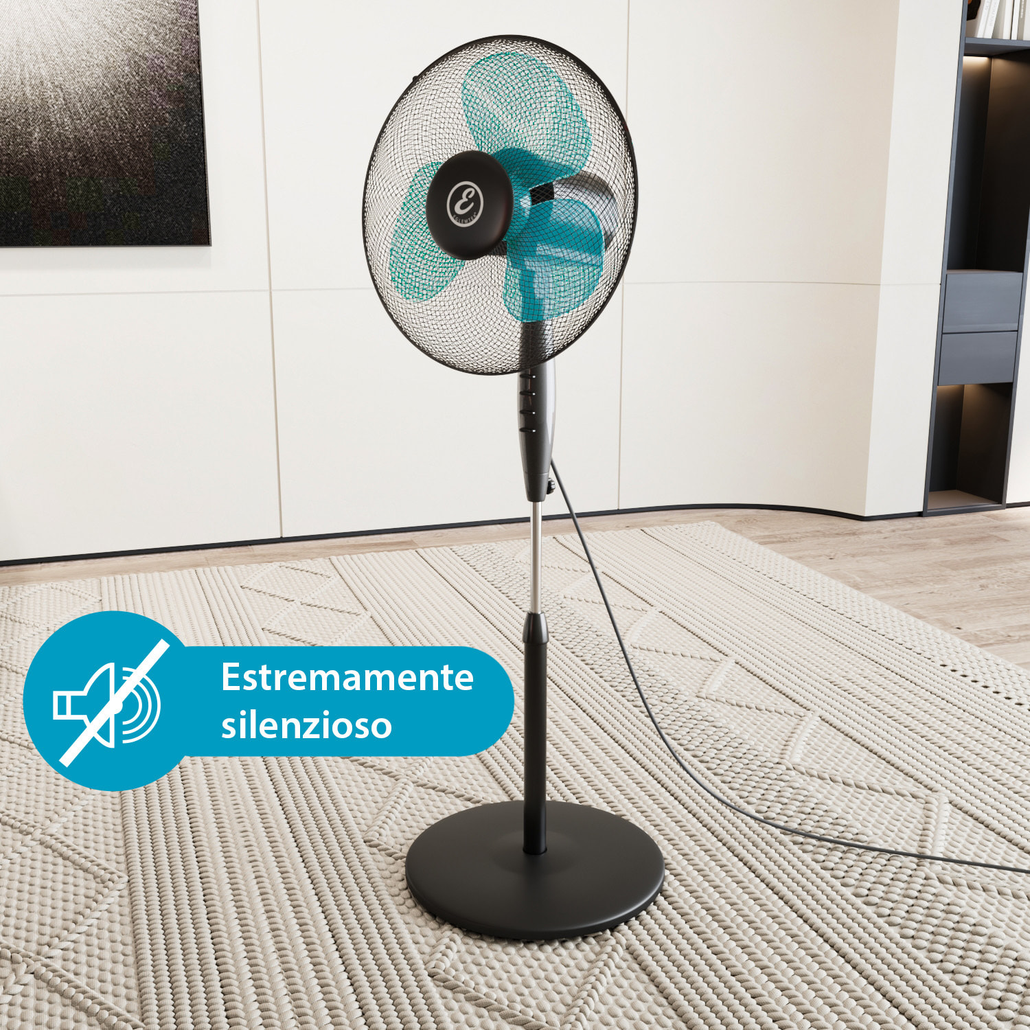 Ventilatore A Piantana Potente Da 50W Per Pavimento Pale Da 40 Cm Silenzioso 3 Velocità Oscillante Altezza e Inclinazione Regolabili Nero E Azzurro