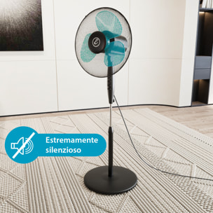 Ventilatore A Piantana Potente Da 50W Per Pavimento Pale Da 40 Cm Silenzioso 3 Velocità Oscillante Altezza e Inclinazione Regolabili Nero E Azzurro