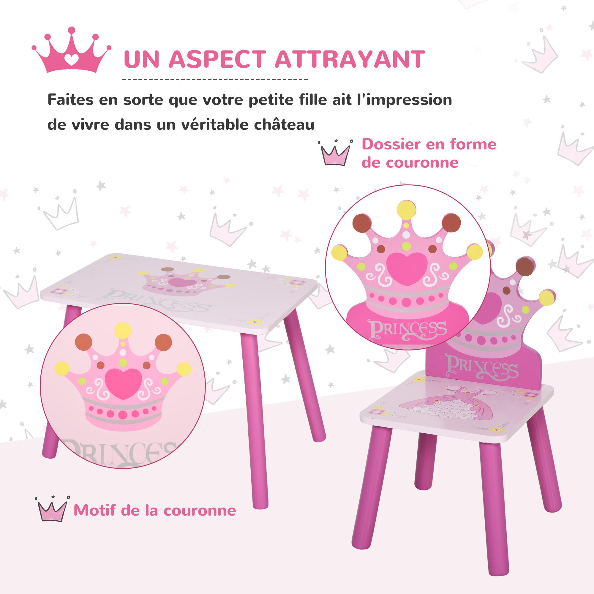 Ensemble table et chaises enfant design princesse motif couronne bois pin MDF rose