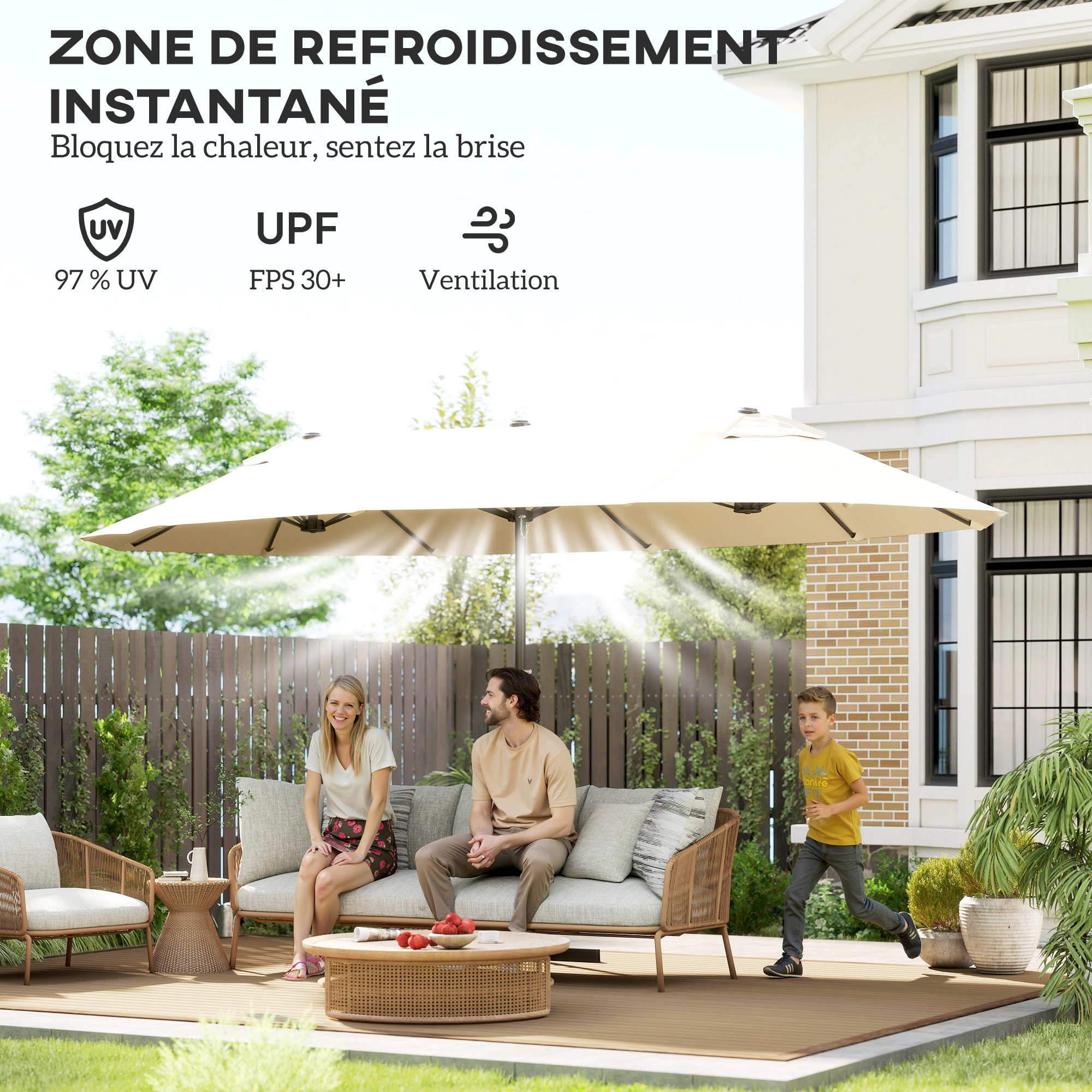 Parasol de jardin XXL parasol grande taille 4,6L x 2,7l x 2,4H m ouverture fermeture manivelle acier polyester haute densité crème