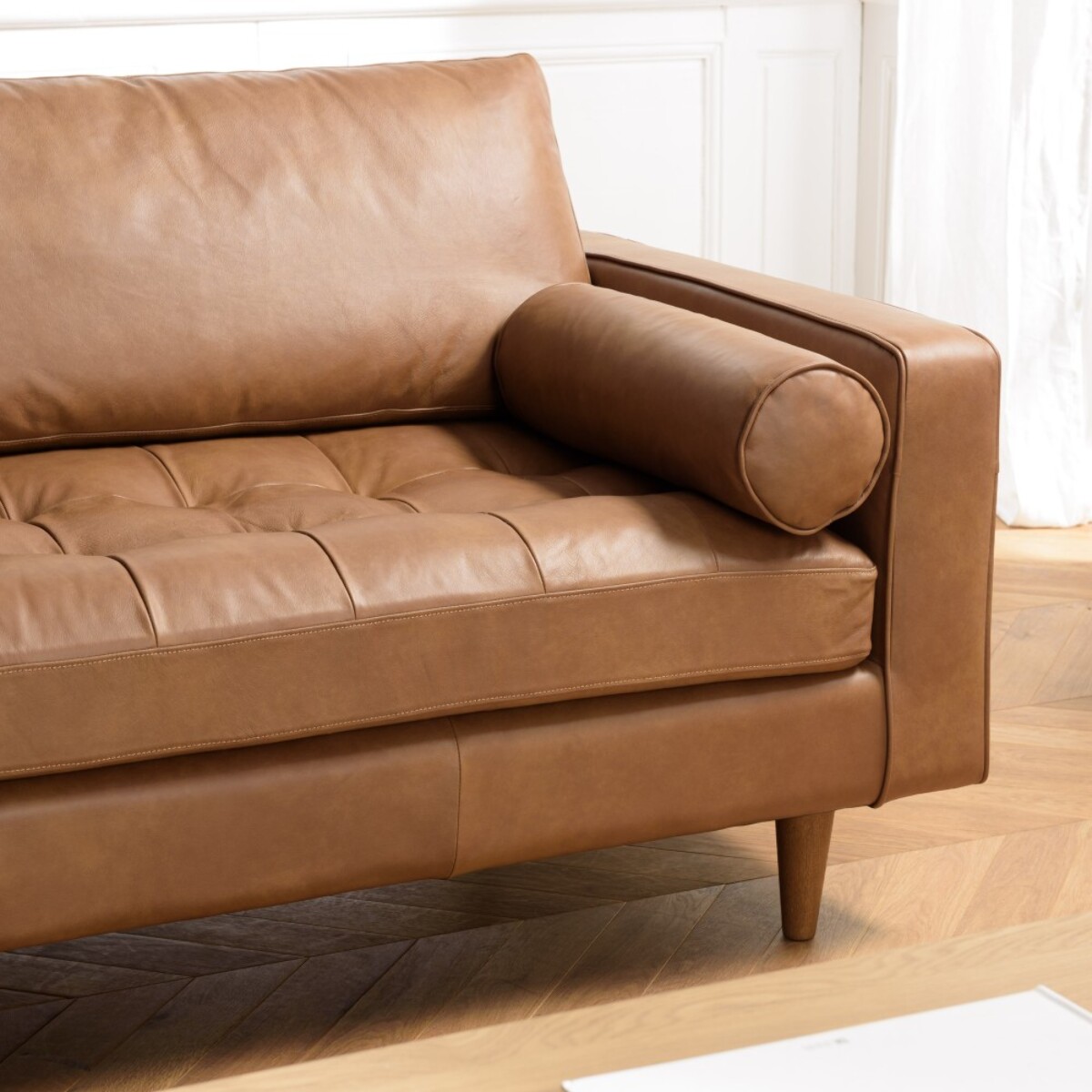 PIERRE - Canapé 3 places cuir couleur caramel assise capitonnée