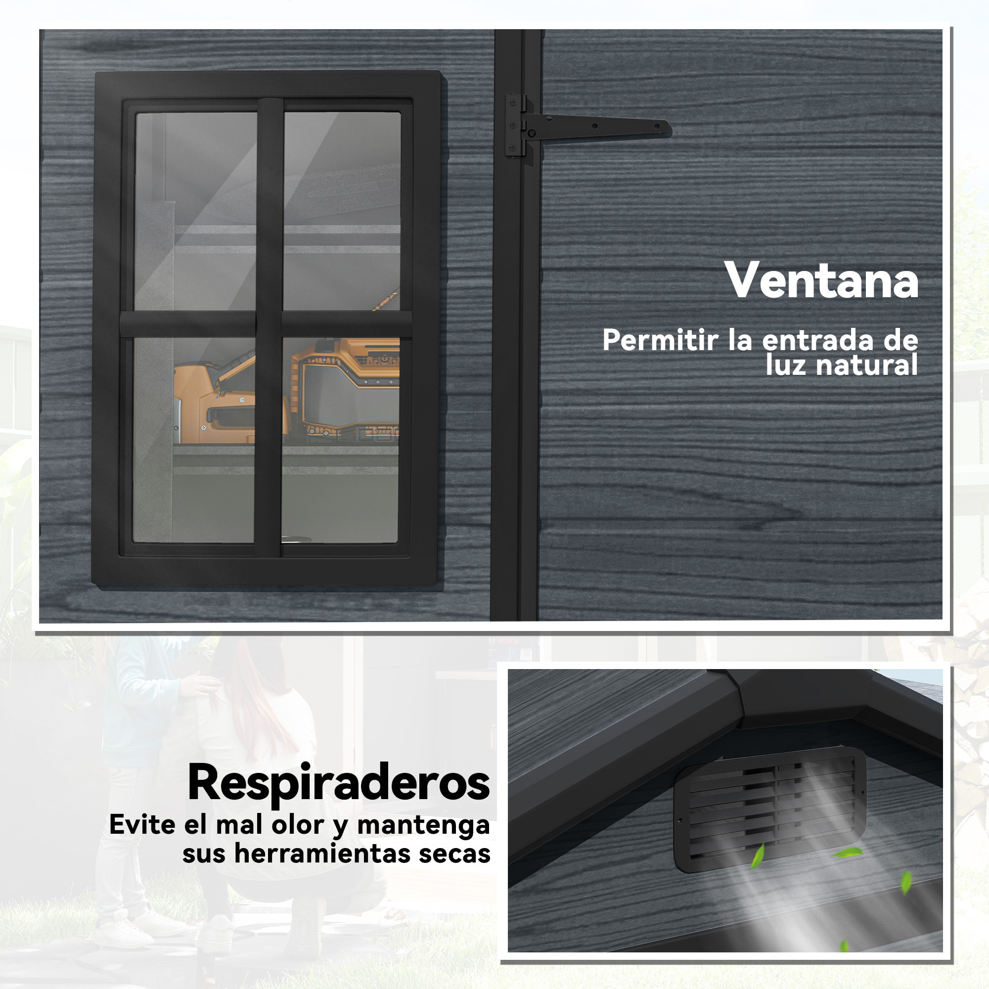 Caseta de Jardín Exterior 2,77 m², 244x131x201 cm, Cobertizo de Jardín Exterior de Plástico con Suelo, Puertas con Pestillo, Ventanas y Ventilación para Almacenaje Herramientas, Gris Oscuro