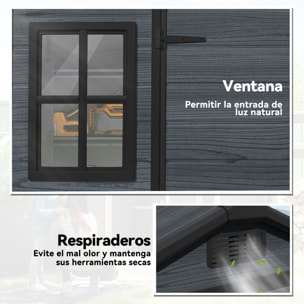 Caseta de Jardín Exterior 2,77 m², 244x131x201 cm, Cobertizo de Jardín Exterior de Plástico con Suelo, Puertas con Pestillo, Ventanas y Ventilación para Almacenaje Herramientas, Gris Oscuro