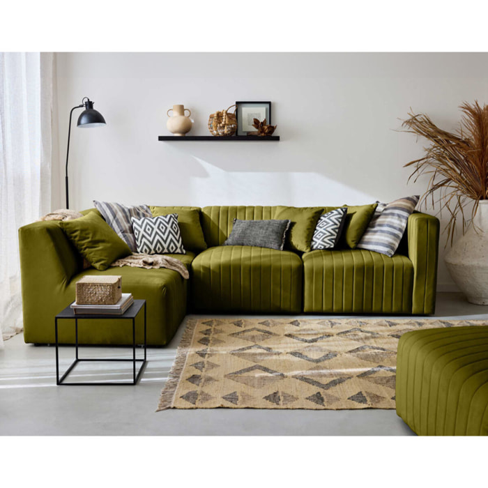 Nova - canapé modulable d'angle gauche - 5 places - avec pouf d'appoint - en velours - Vert Olive