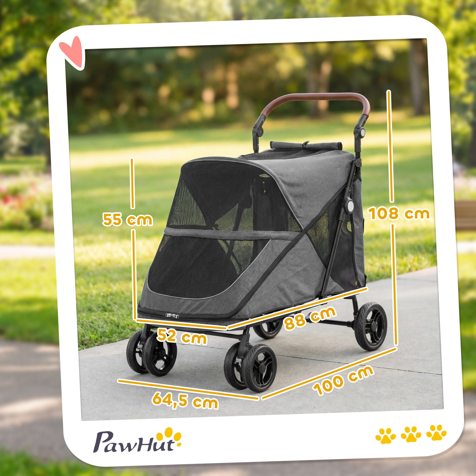 Carrito para Perros y Gatos Grande Plegable con un Botón hasta 30 kg, Cochecito para Perros Medianos y Grandes, Suspensión 4 Ruedas, Giratorio, Freno de Pie, Cojín Lavable, Gris