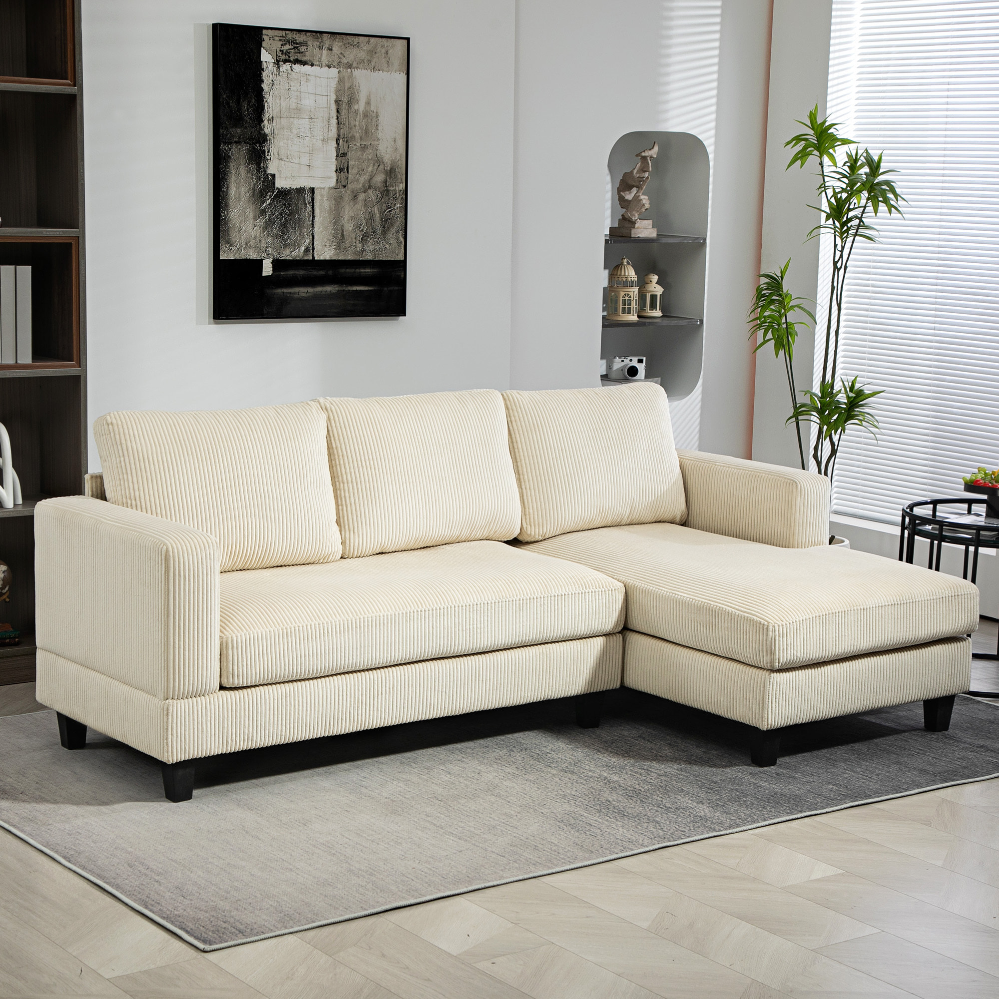 Canapé d'angle 3 places en velours côtelé dim. 214 x 134 cm beige