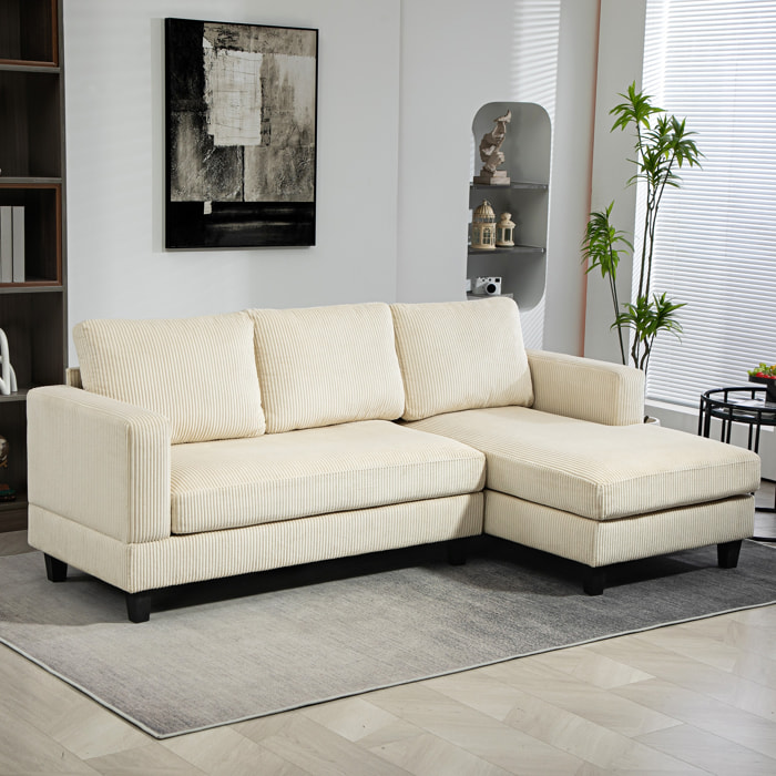 Canapé d'angle 3 places en velours côtelé dim. 214 x 134 cm beige