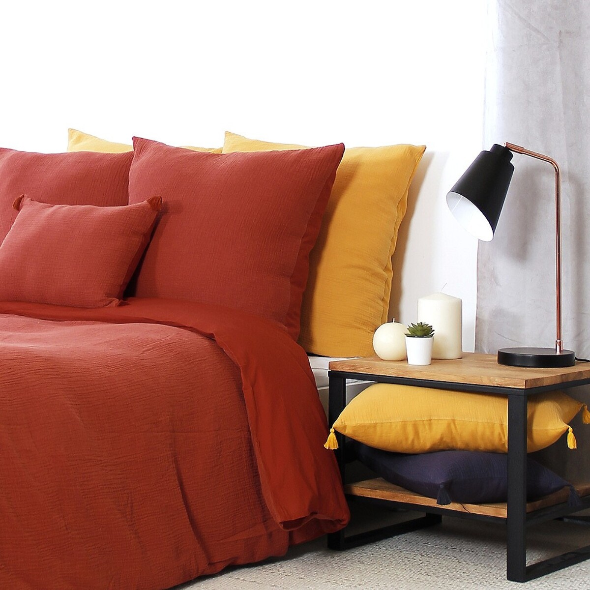 Parure housse de couette gaze de coton ocre