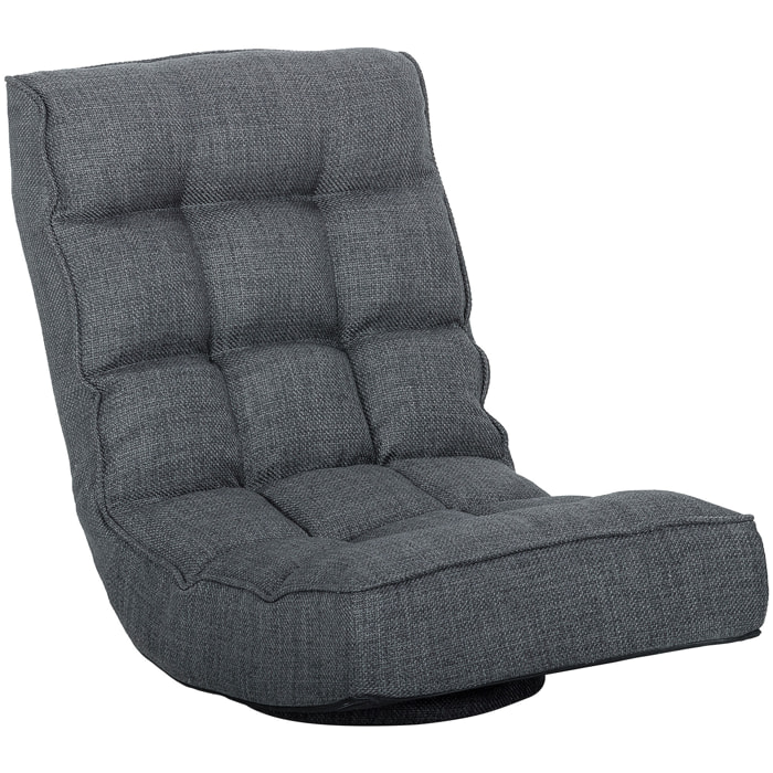 Silla de Suelo Plegable, Silla de Lectura Giratoria 360° con Respaldo Ajustable en 5 Posiciones, Sofá de Suelo de Lino y Acolchado, para Meditación y Gaming, 58x107x79 cm, Gris
