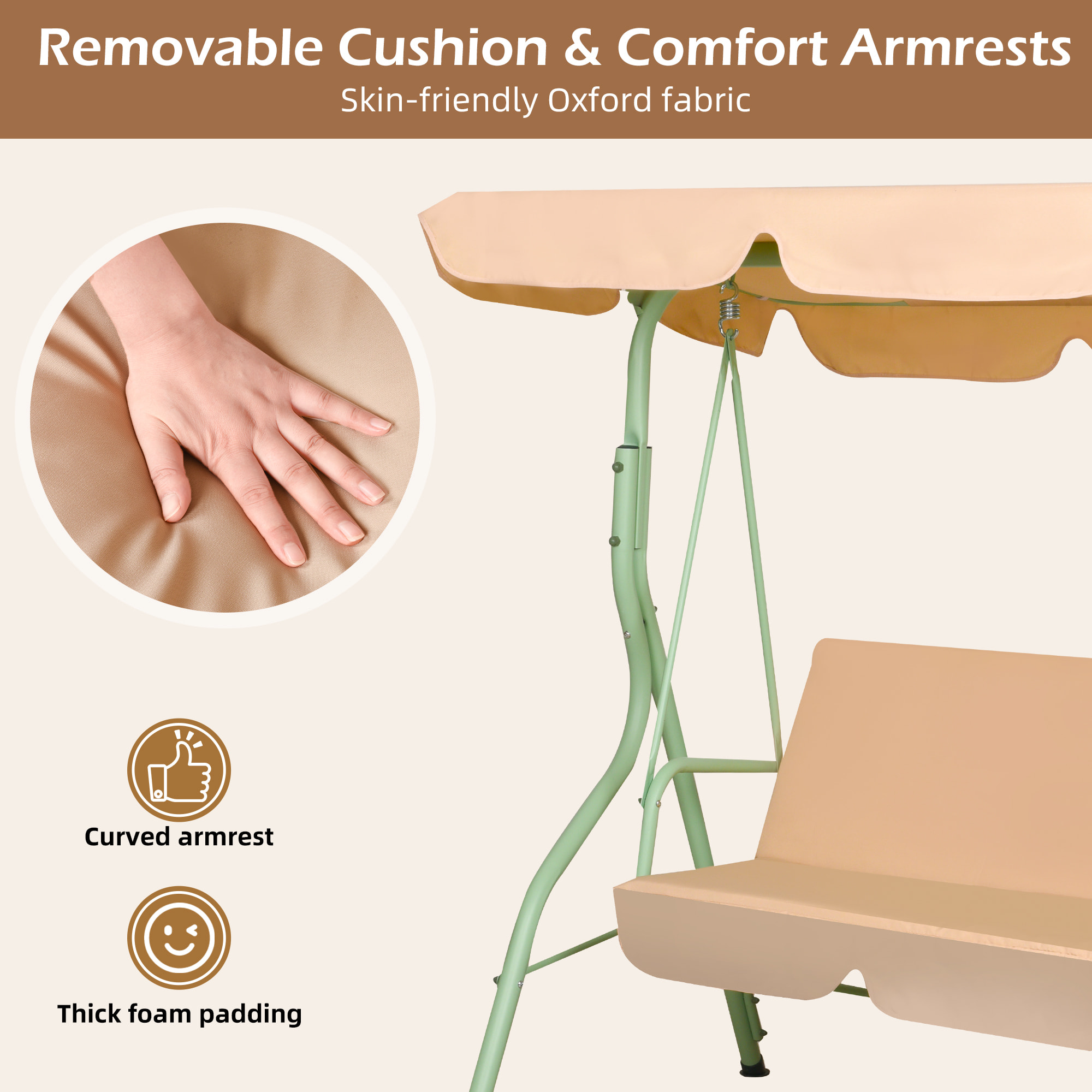 Hulaop - Dondolo 3 Posti da Giardino con Cuscino Imbottito e Tettuccio Parasole in Acciaio e Poliestere Beige