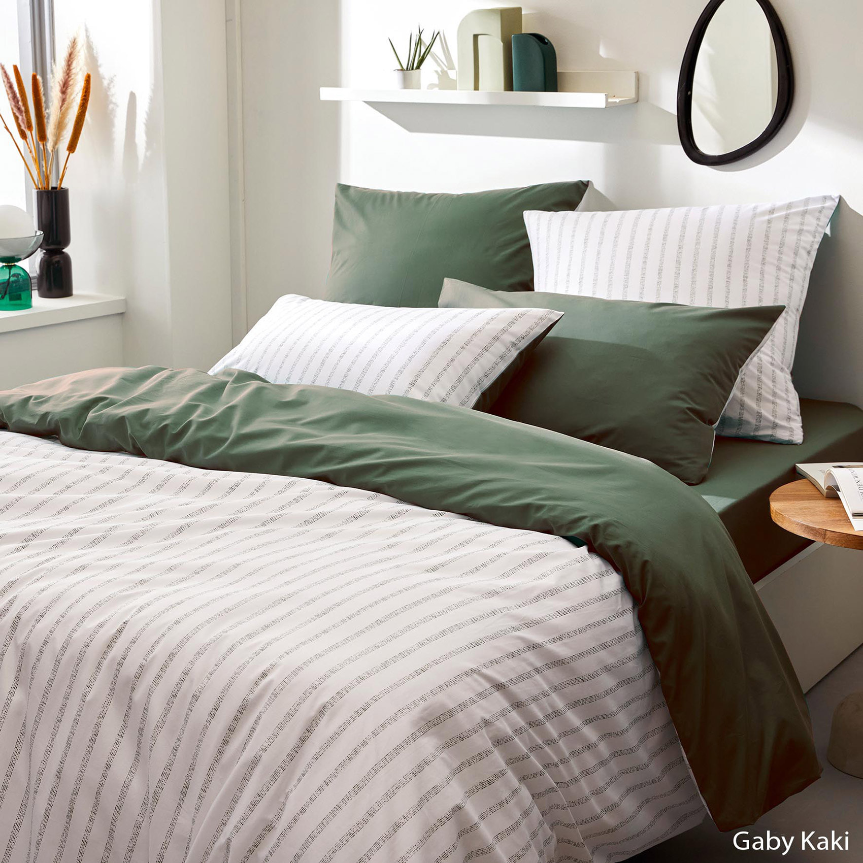 Parure de couette en percale de coton à rayures - Vert Olive