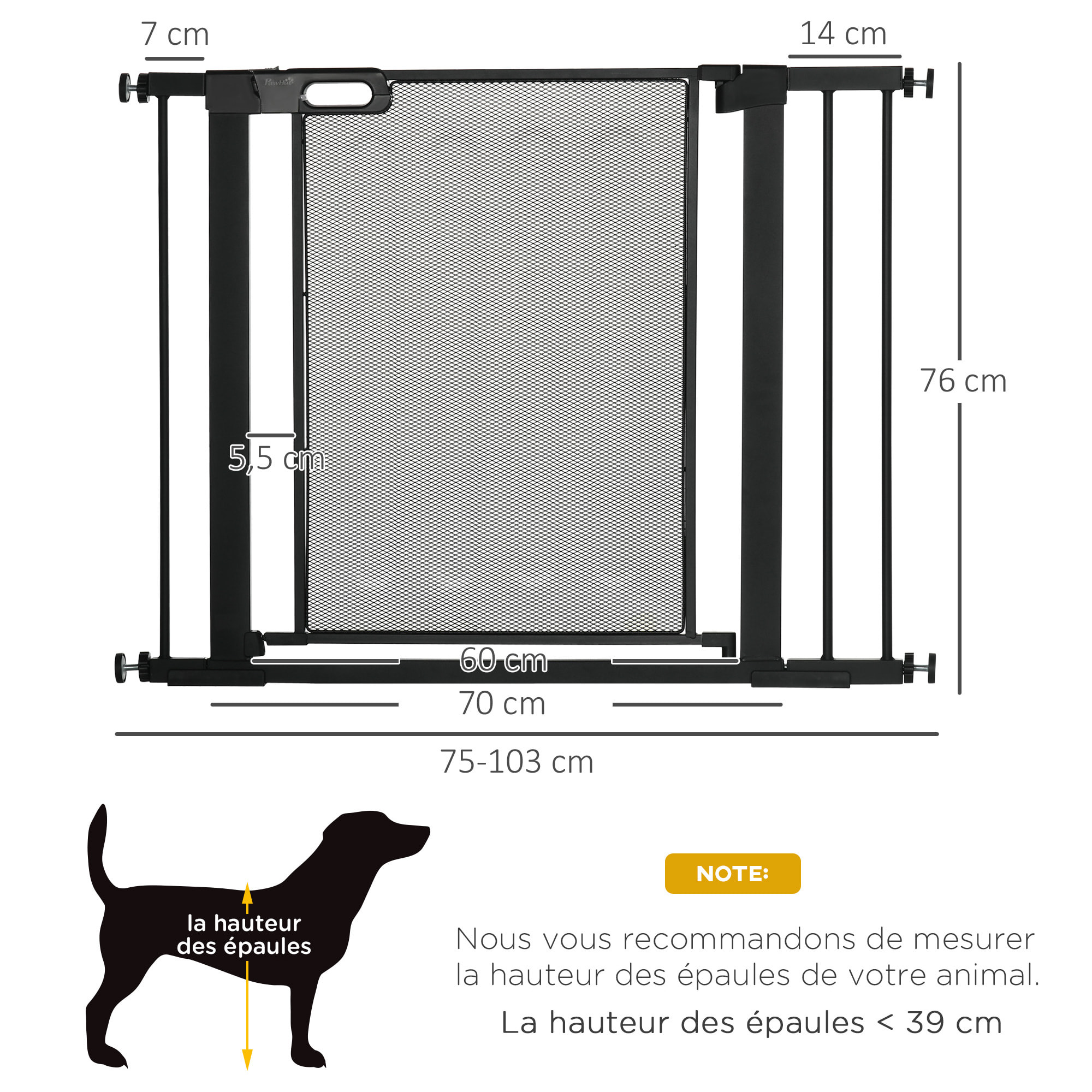 Barrière de sécurité animaux - longueur réglable dim. 75-103 cm - porte double verrouillage, ouverture double sens -sans perçage - acier ABS noir