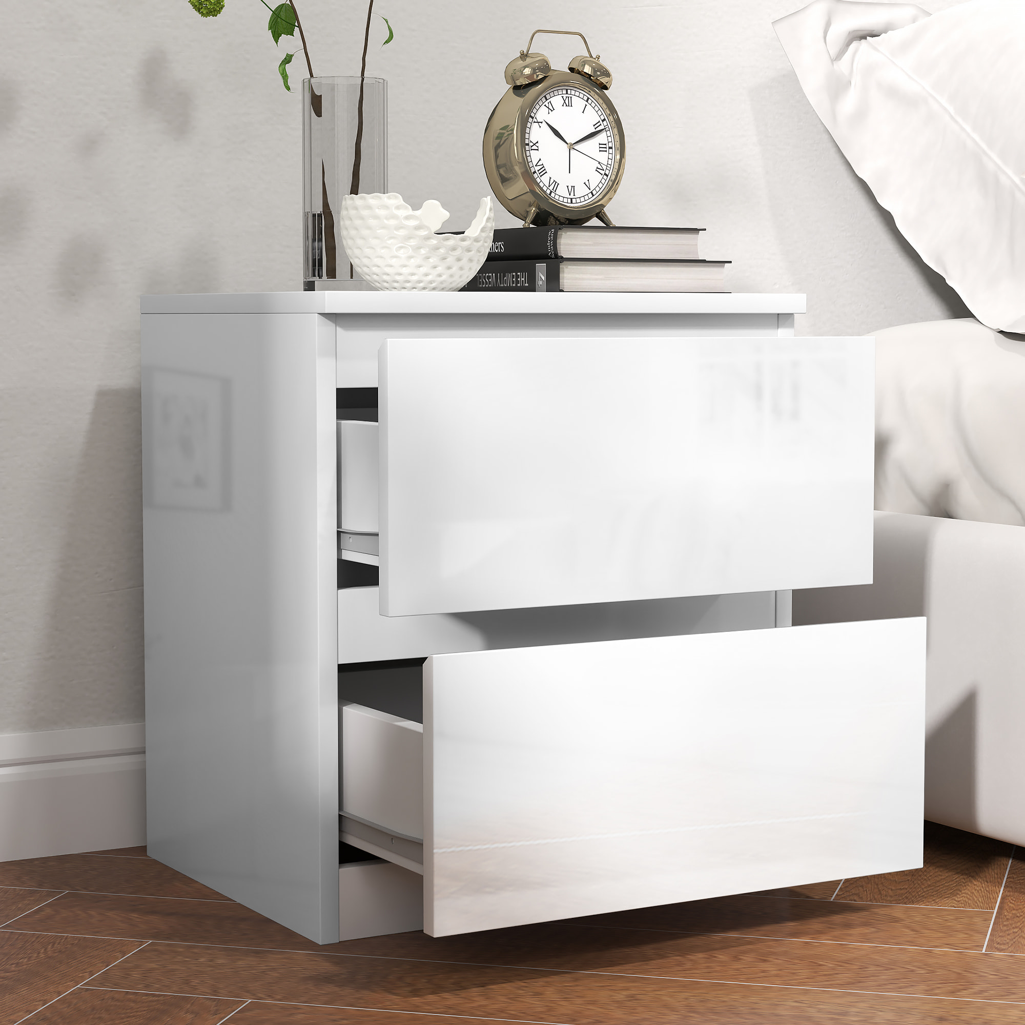 Mesita de Noche Moderna Mesilla de Noche con 2 Cajones Mesa de Noche para Dormitorio Salón 40x34x45 cm Blanco Brillo