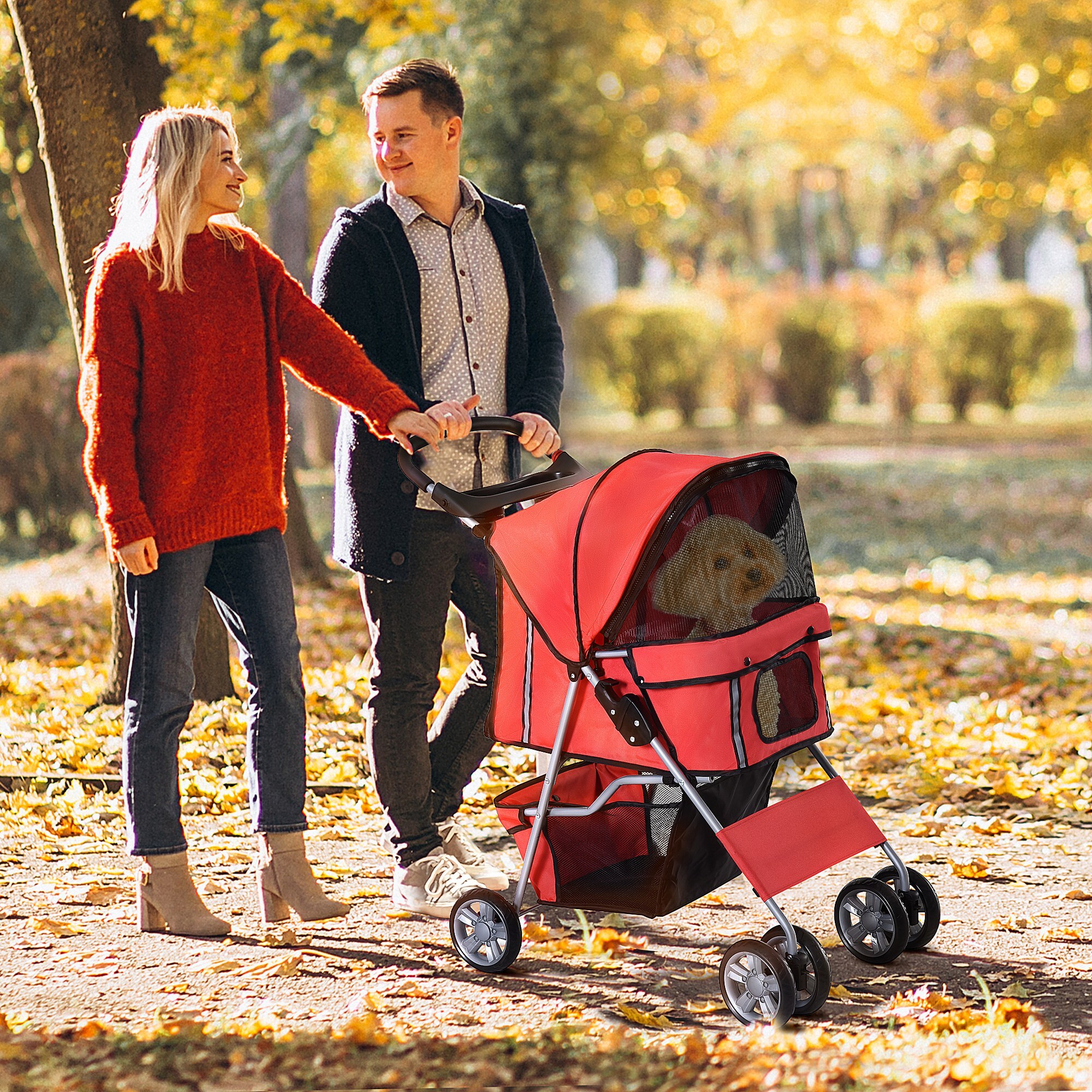 Poussette buggy pliable animaux chariot pliant chien chat porte-gobelet panier de rangement inclus roues avec frein tissu 600D Oxford métal rouge