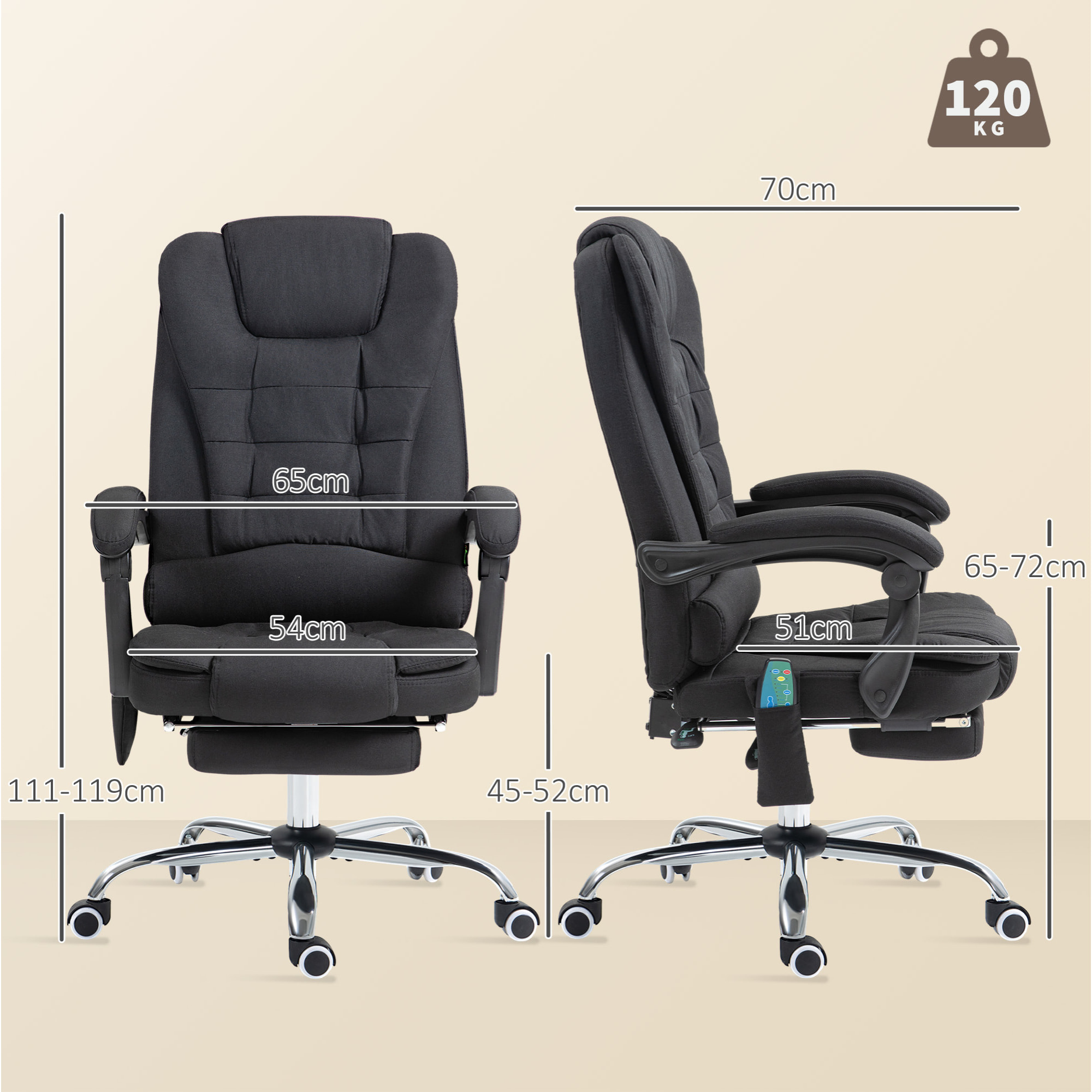 Silla de Oficina con 6 Puntos de Masaje Vibratorio, Silla de Escritorio Giratoria, Respaldo Reclinable 135Âº, Función Calefacción, Reposapiés Retráctil, Altura Ajustable, Control Remoto, Negro
