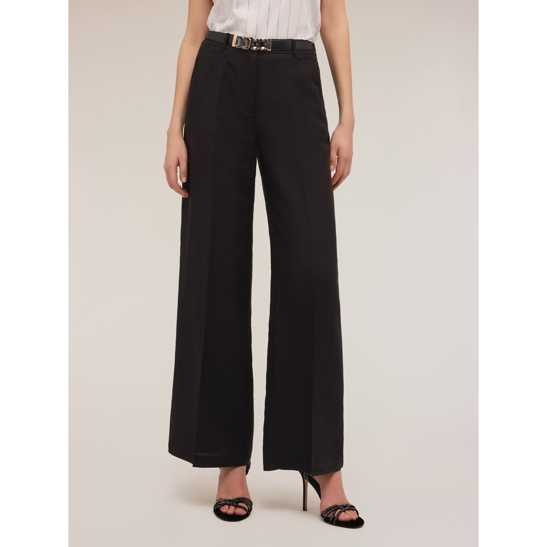 Motivi - Pantaloni wide leg misto lino - Nero