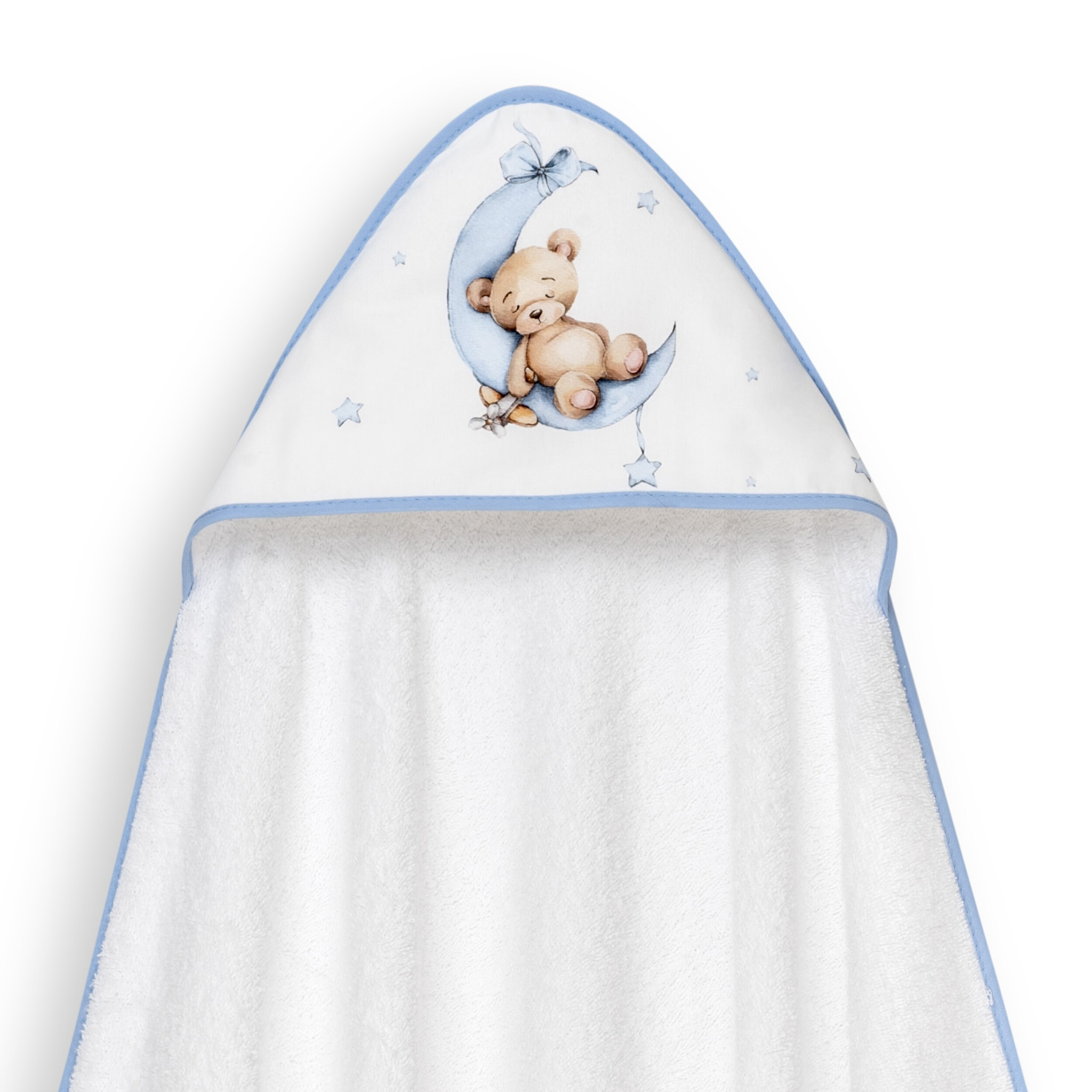 Capa Baño 1X1 Mod Estampado Oso Luna Estrellas+Gorro Bco/Azul