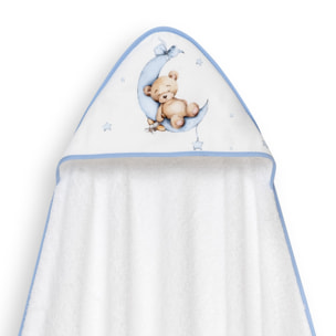 Capa Baño 1X1 Mod Estampado Oso Luna Estrellas+Gorro Bco/Azul
