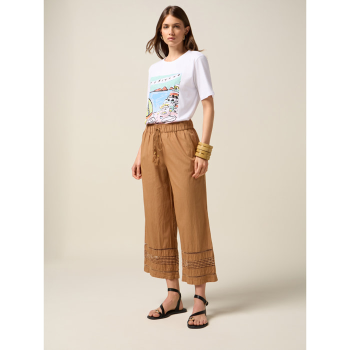 Oltre - Pantalones de muselina con inserto de encaje - Marrón