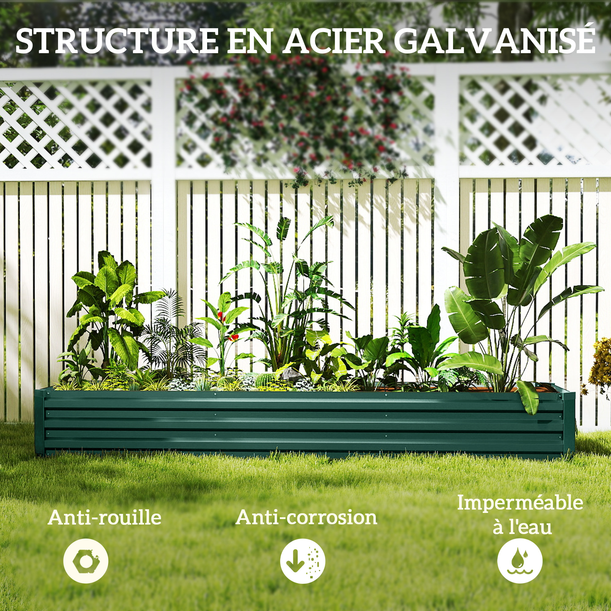 Carré potager rectangulaire dim. 240 x 60 x 30 cm tôle d'acier ondulé vert