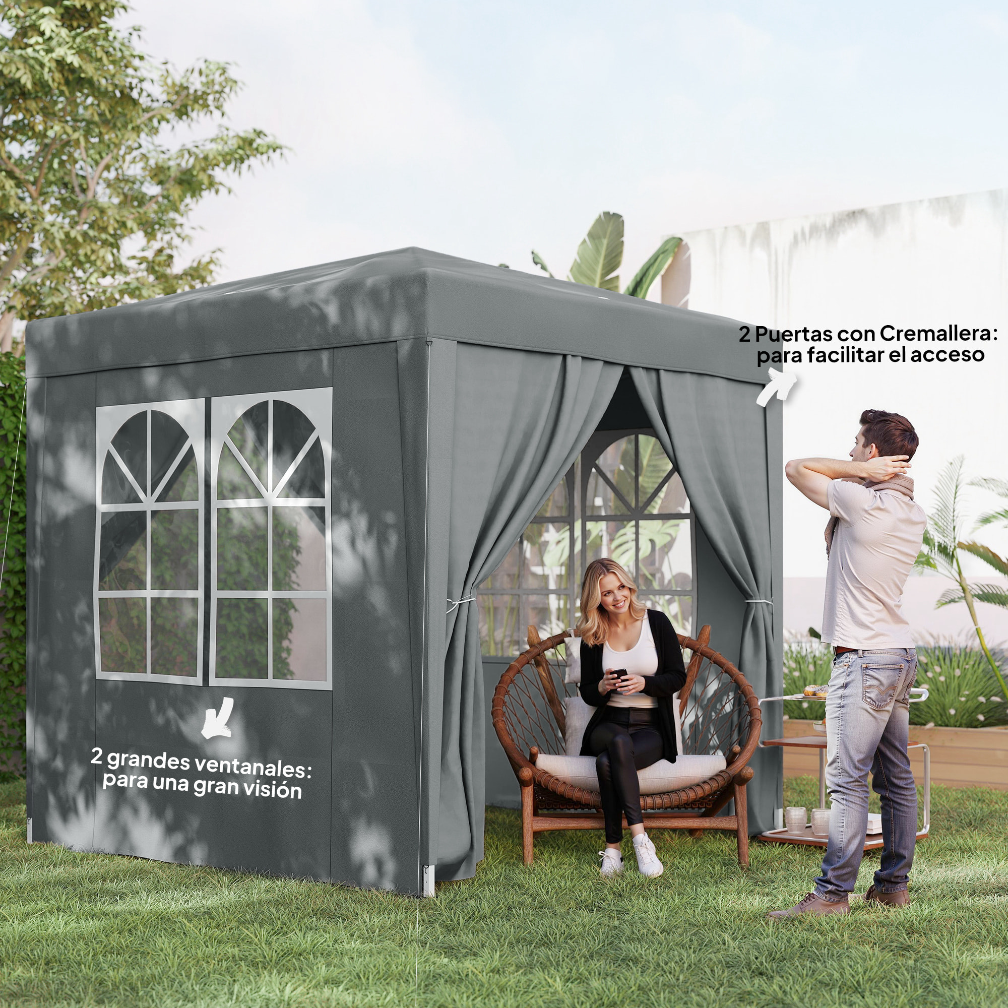 Carpa Plegable Pop-up Gazebo 2x2 m Cenador Plegable con 4 Paredes Laterales Anti-UV y Bolsa de Transporte para Camping Fiestas Gris