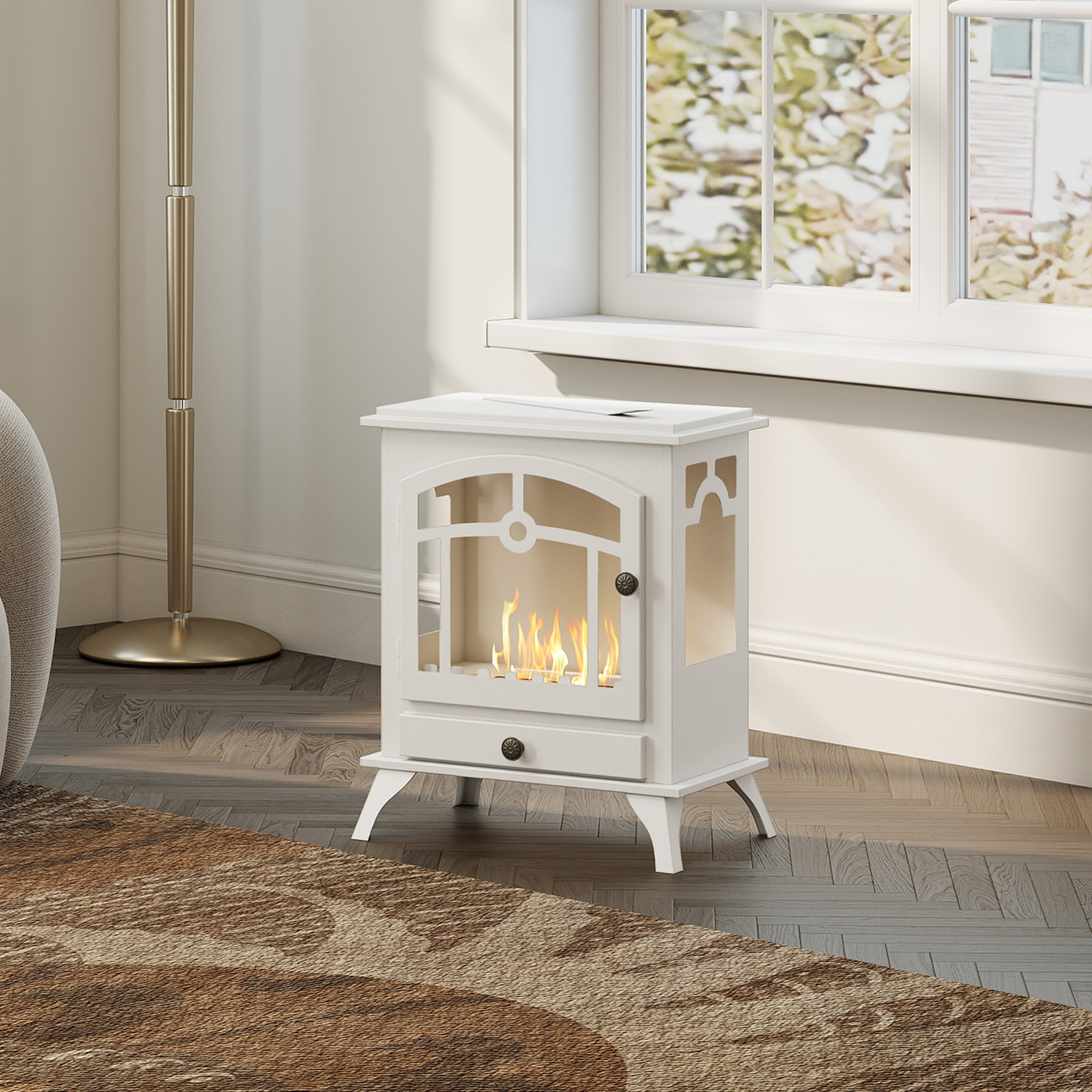 Chimenea de Bioetanol de Pie Estufa de Bioetanol con Tanque de 0,9 L Apagallamas de Acero Inoxidable Tiempo de Combustión 3H para Interiores 20-25 m² 45x28x54 cm Blanco