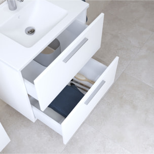 Set Mia ensemble meuble 59x61x39,5cm avec miroir, lavabo, éclairage LED + armoire 145x35x35cm, Blanc brillant