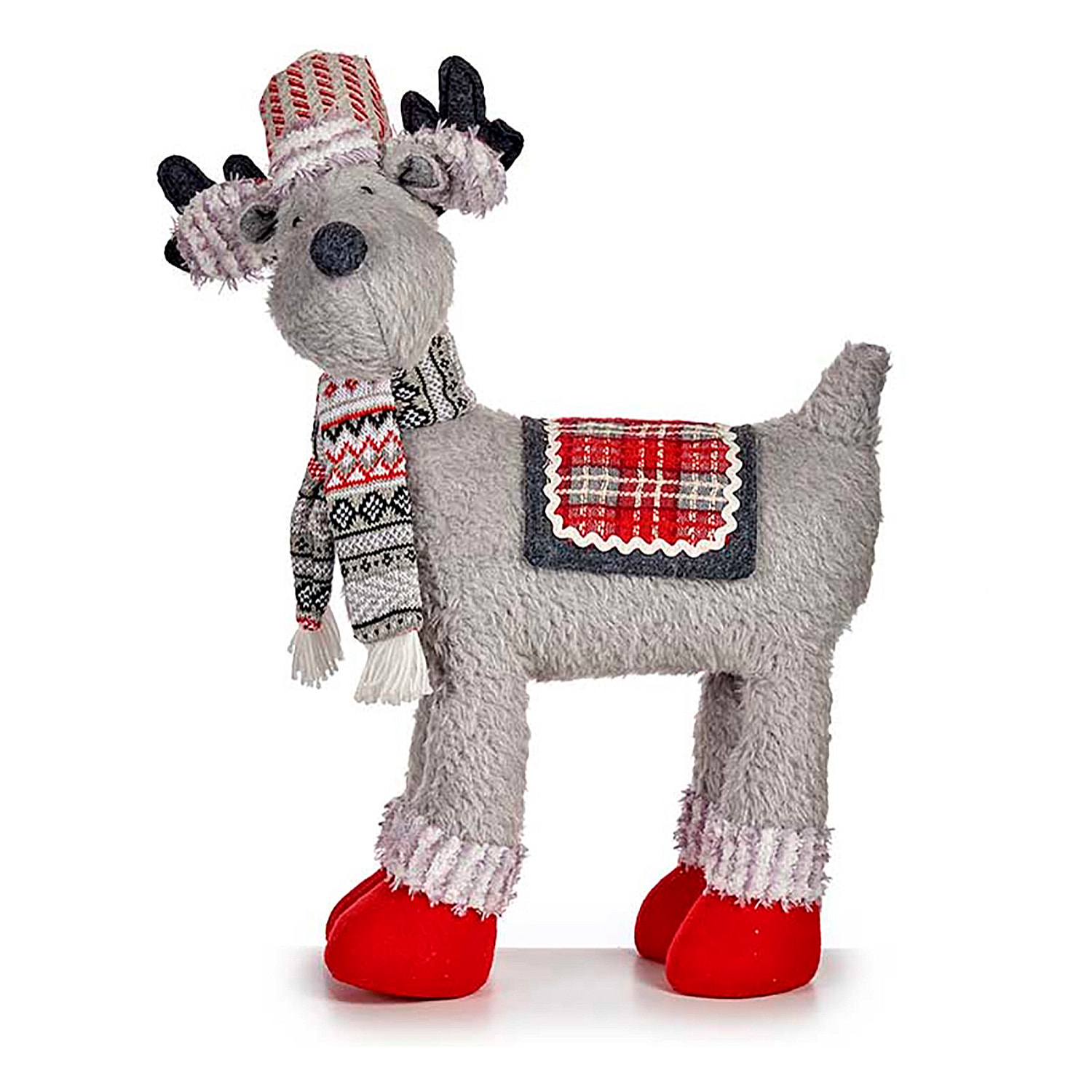 Figura navideña de tela. Diseño de reno con bufanda.