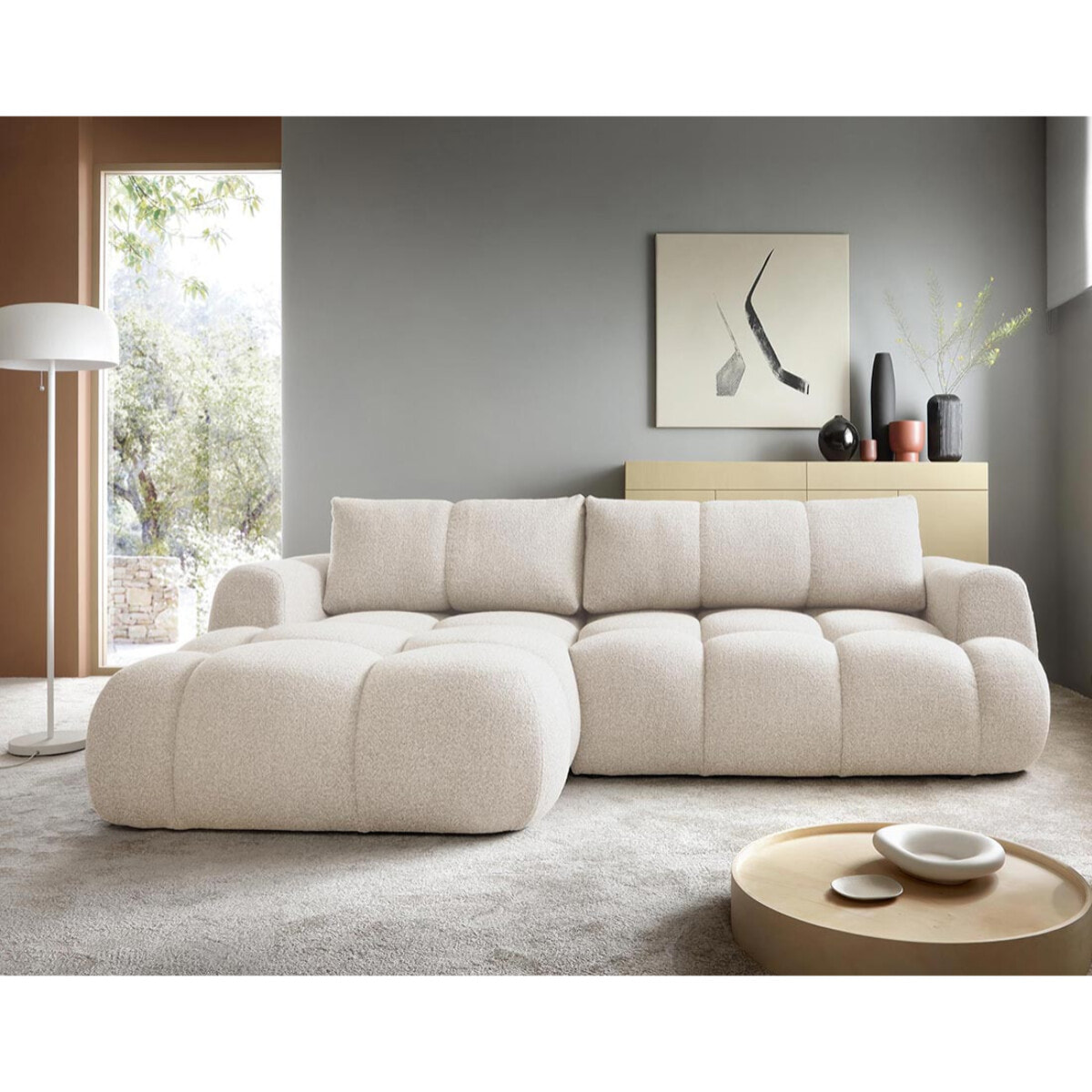 Yulin - Canapé d'angle gauche 4 places convertible avec coffre en tissu bouclette - Beige
