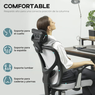 Silla de Escritorio Giratoria Silla de Oficina con Altura Ajustable Respaldo Reclinable Reposacabezas Regulable y Soporte Lumbar Tapizado en Malla Transpirable Gris