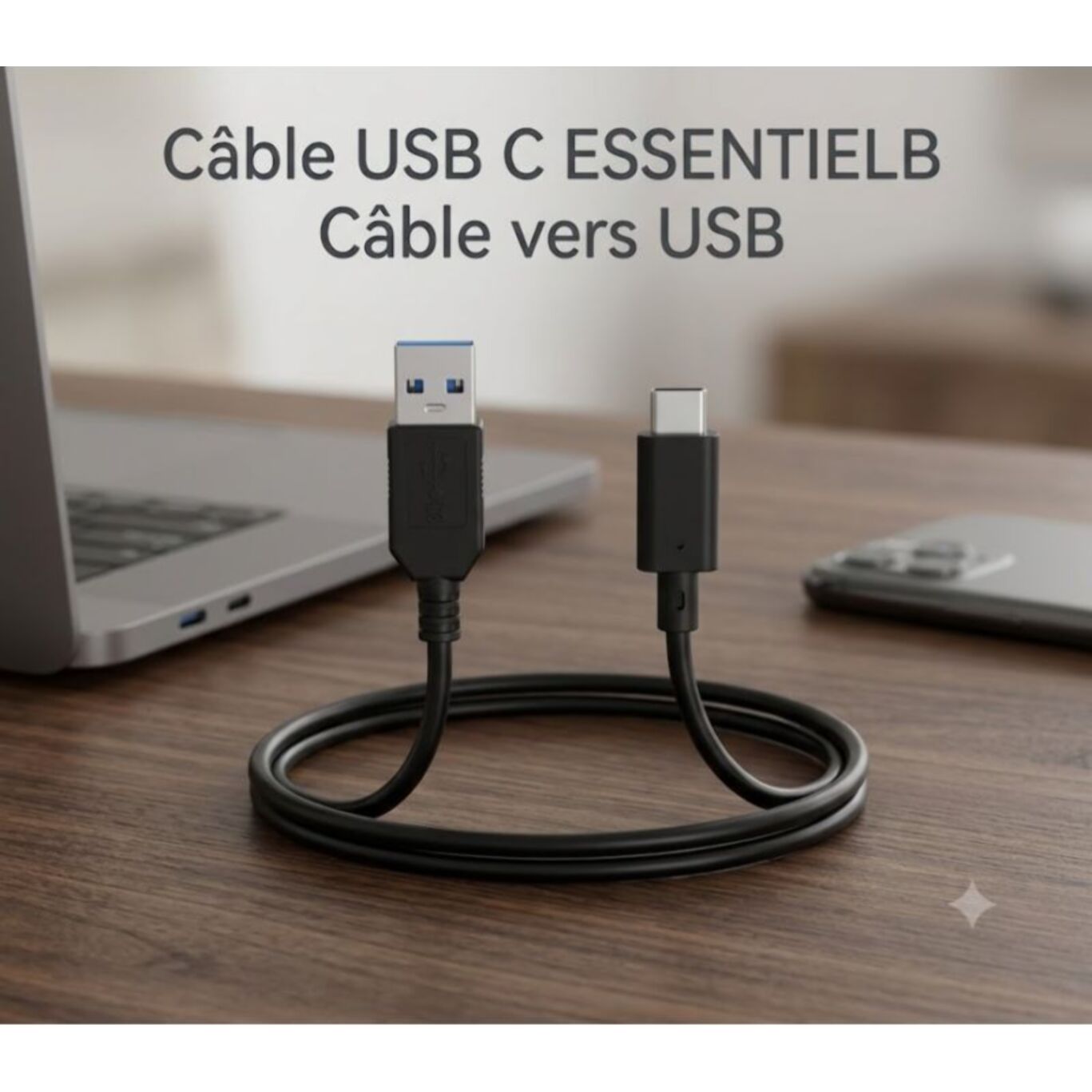 Câble USB C ESSENTIELB Câble vers USB 2M Noir compatible iPhone 17 16 15 Pro Max, Samsung Galaxy S25 S24 Ultra