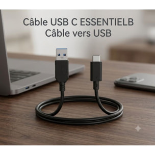 Câble USB C ESSENTIELB Câble vers USB 2M Noir compatible iPhone 17 16 15 Pro Max, Samsung Galaxy S25 S24 Ultra