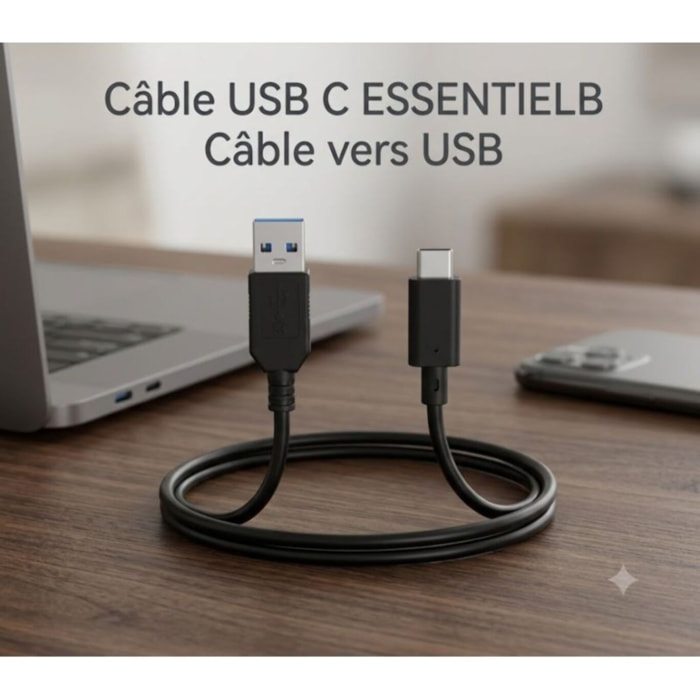 Câble USB C ESSENTIELB Câble vers USB 2M Noir compatible iPhone 17 16 15 Pro Max, Samsung Galaxy S25 S24 Ultra