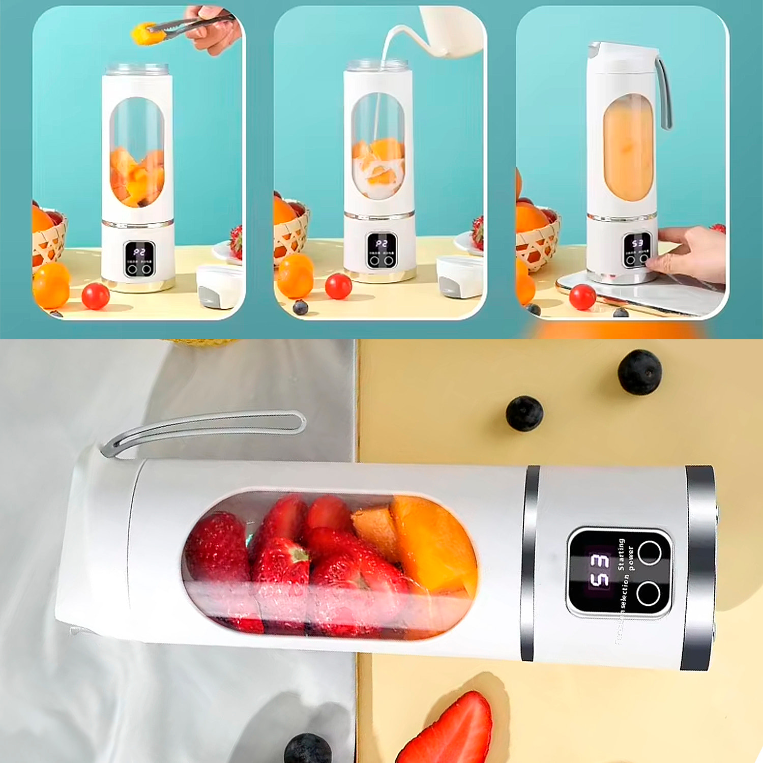 Frullatore portatile da 450 ml con 10 lame in acciaio, schermo LCD, 3 livelli di timer, sicurezza con doppio clic e batteria da 1300 mAh.