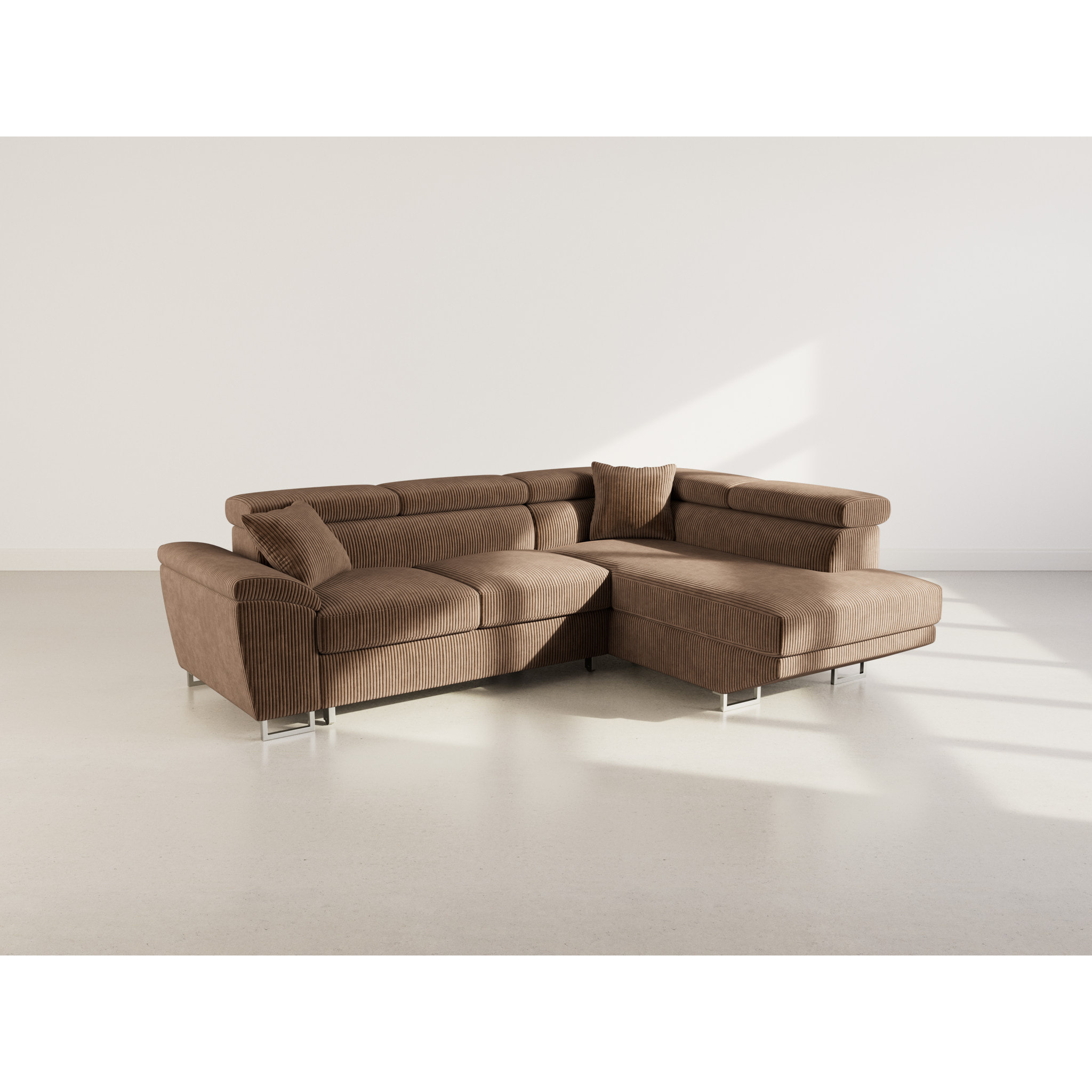 Baoji - Canapé d'angle droit 5 places convertible avec têtières et coffre en velours côtelé - Marron